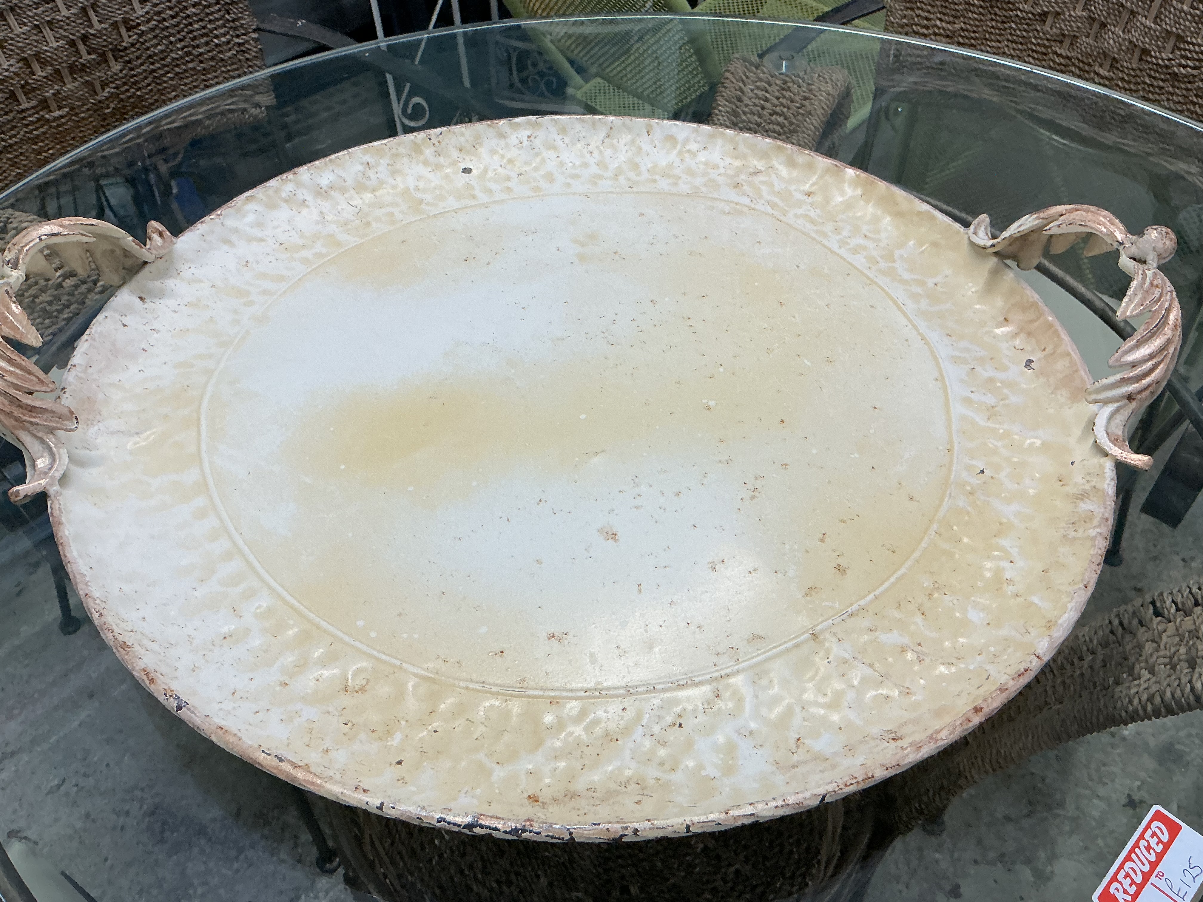 Large Circular Vintage Style Hammered Metal Serving Tray with Foliate Handles