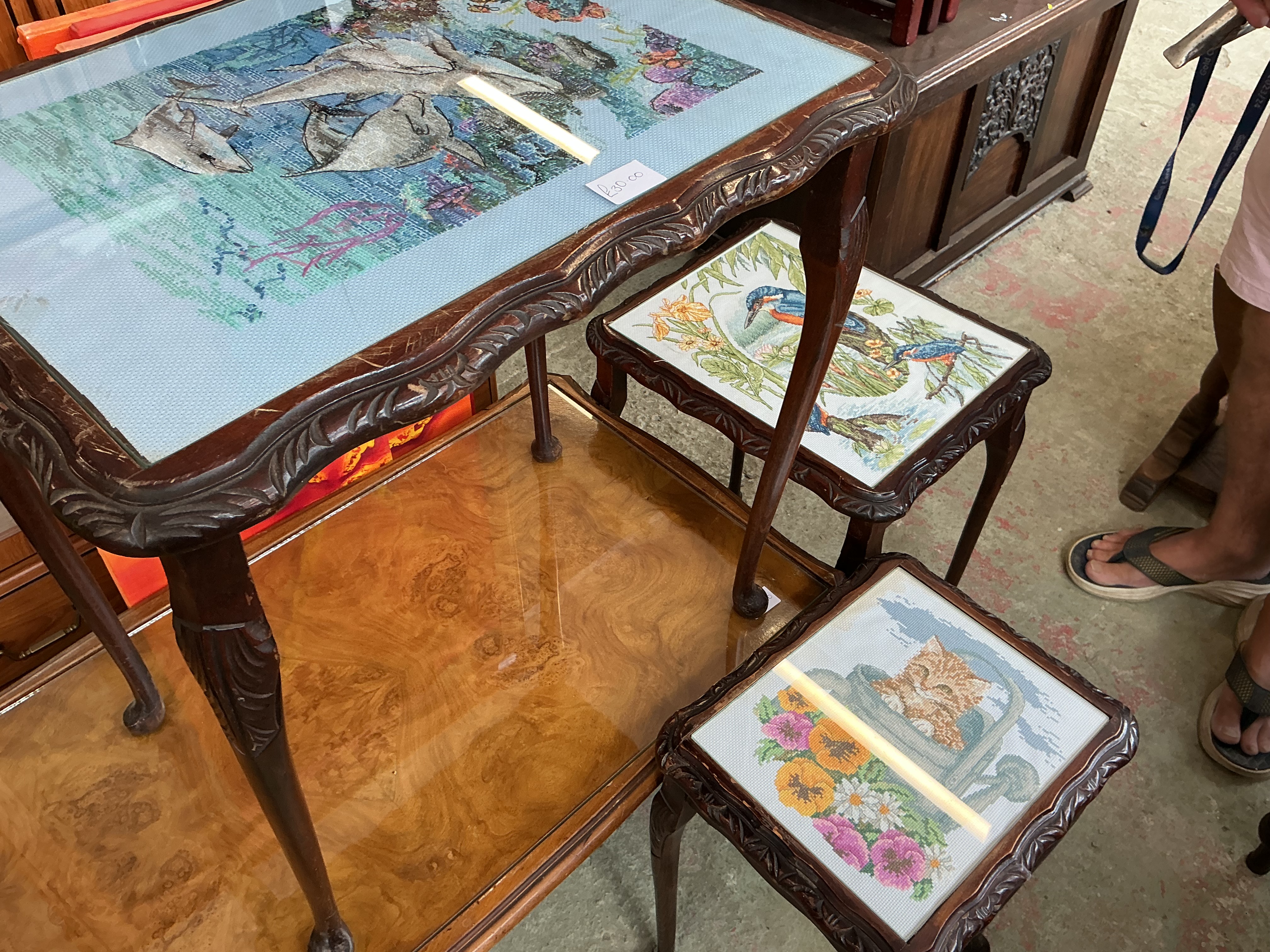 A Trio of Queen Anne Style Hardwood Coffee and Side Tables with Needlework Insets