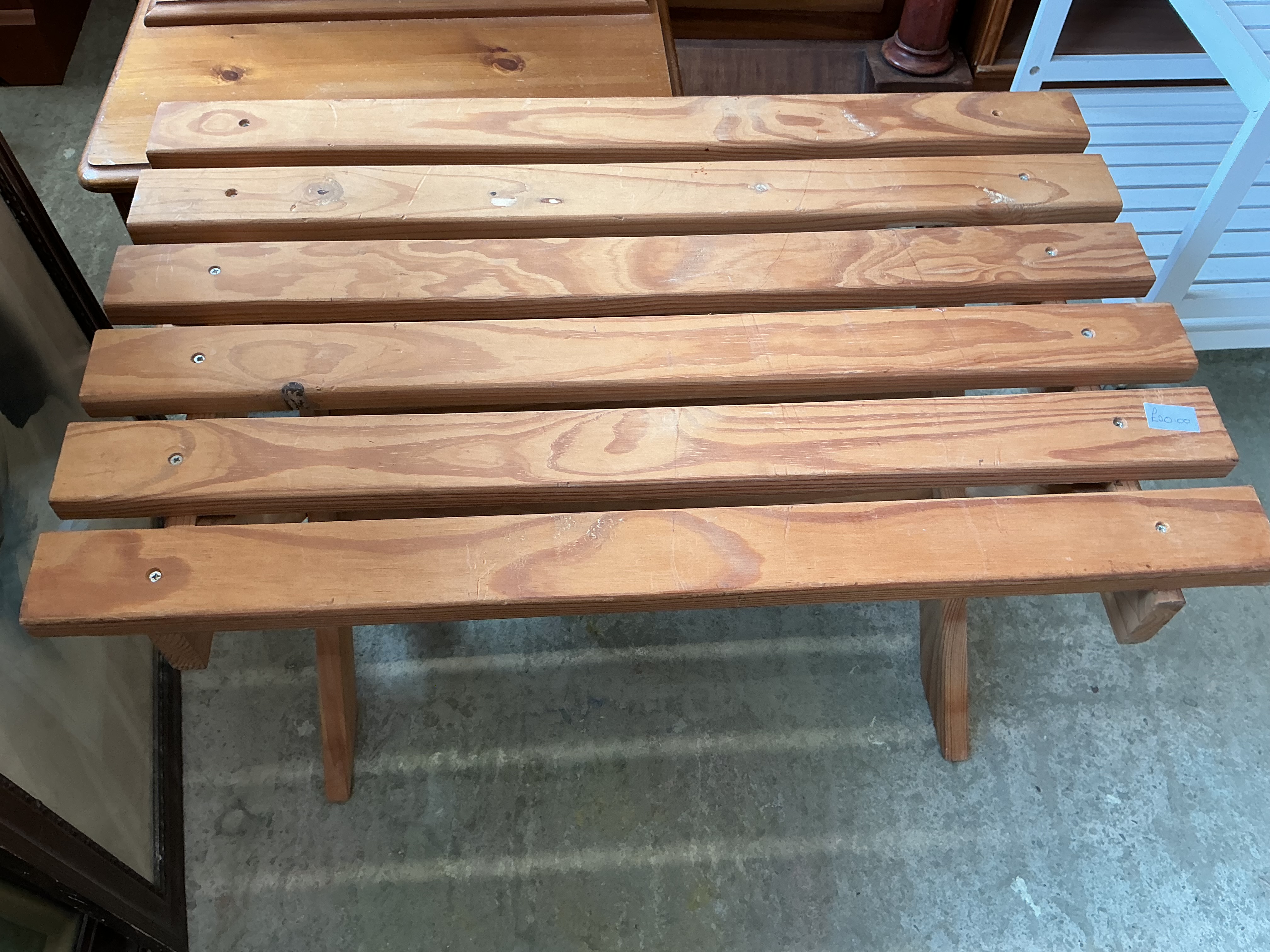 A Mid-20th Century Slatted Pine Hall Bench or Luggage Stand