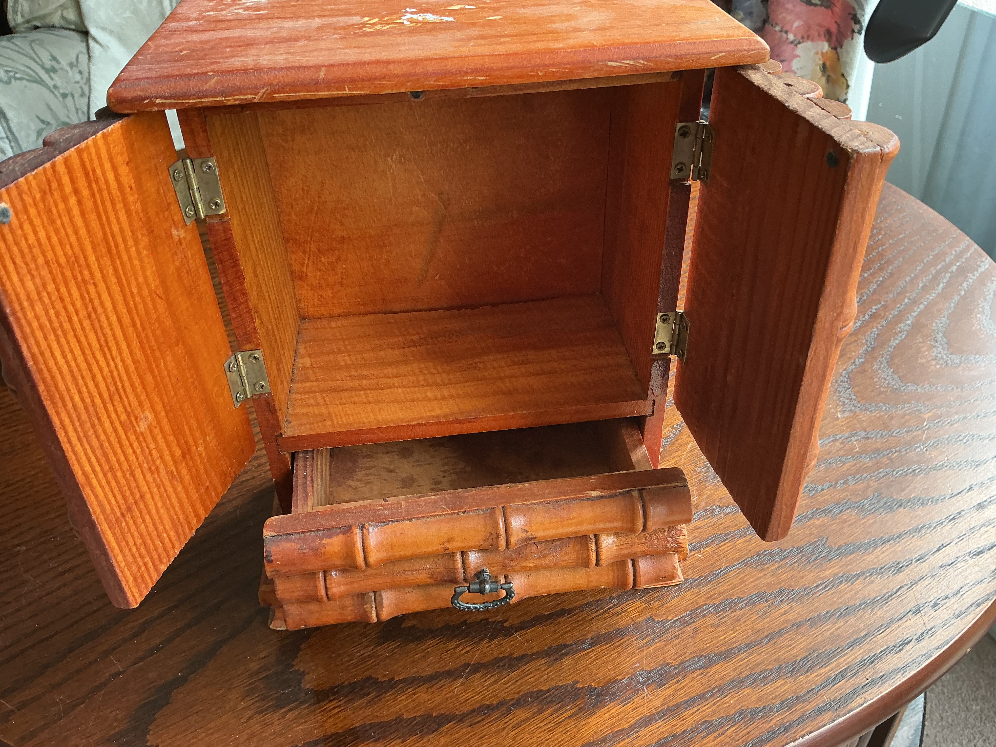 A Vintage Faux-Bamboo Carved Wooden Tabletop Cabinet