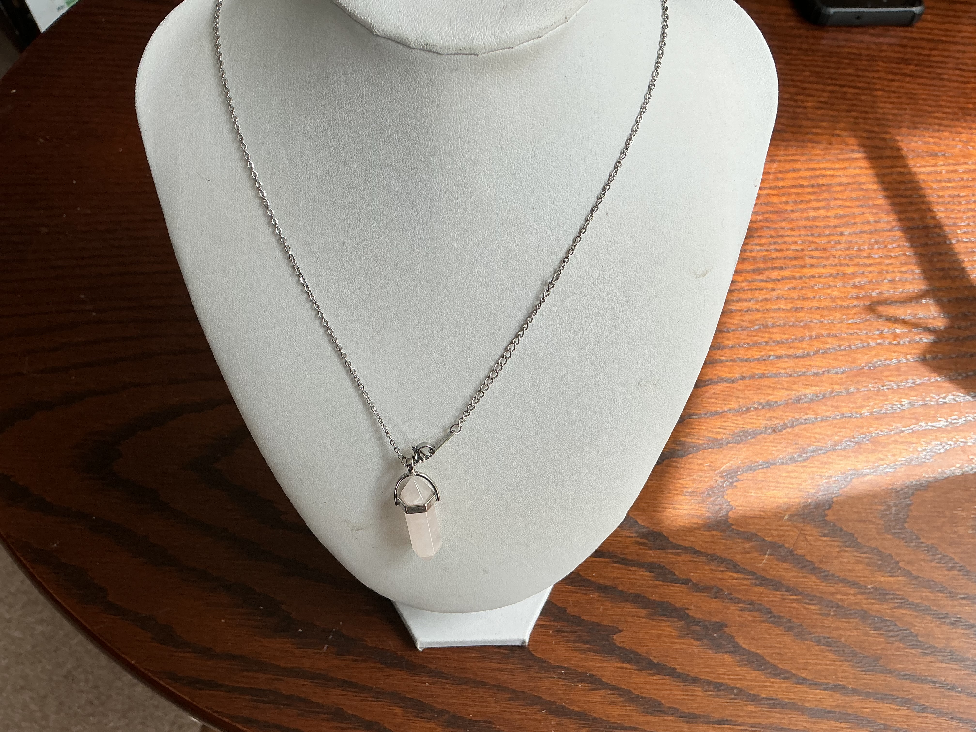 October. Rose Quartz Point Pendant Necklace on Silver-Toned Chain