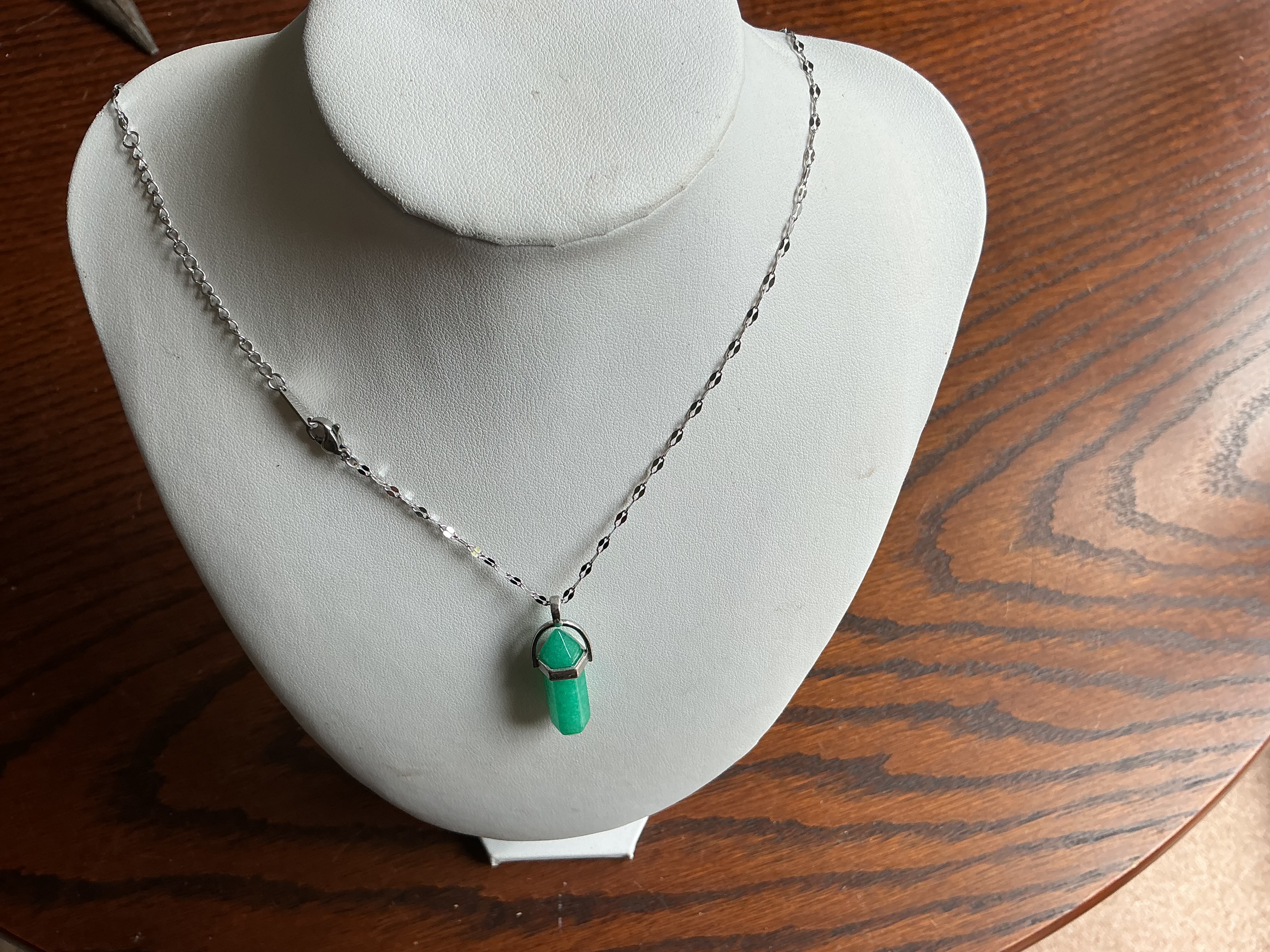 May. Silver-Toned Necklace with Hexagonal Green Mineral Pendant