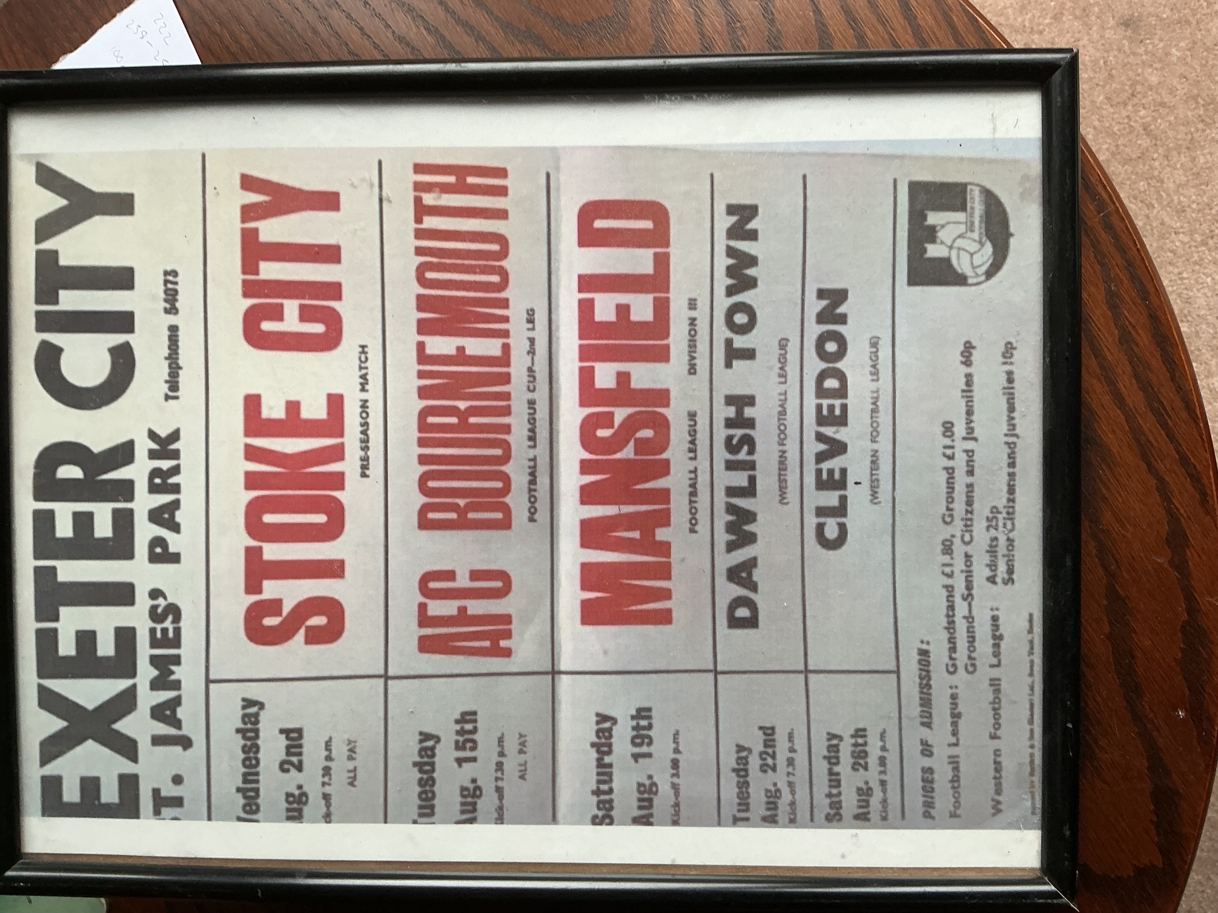 Framed Exeter City Football Club Fixture Poster August 1978