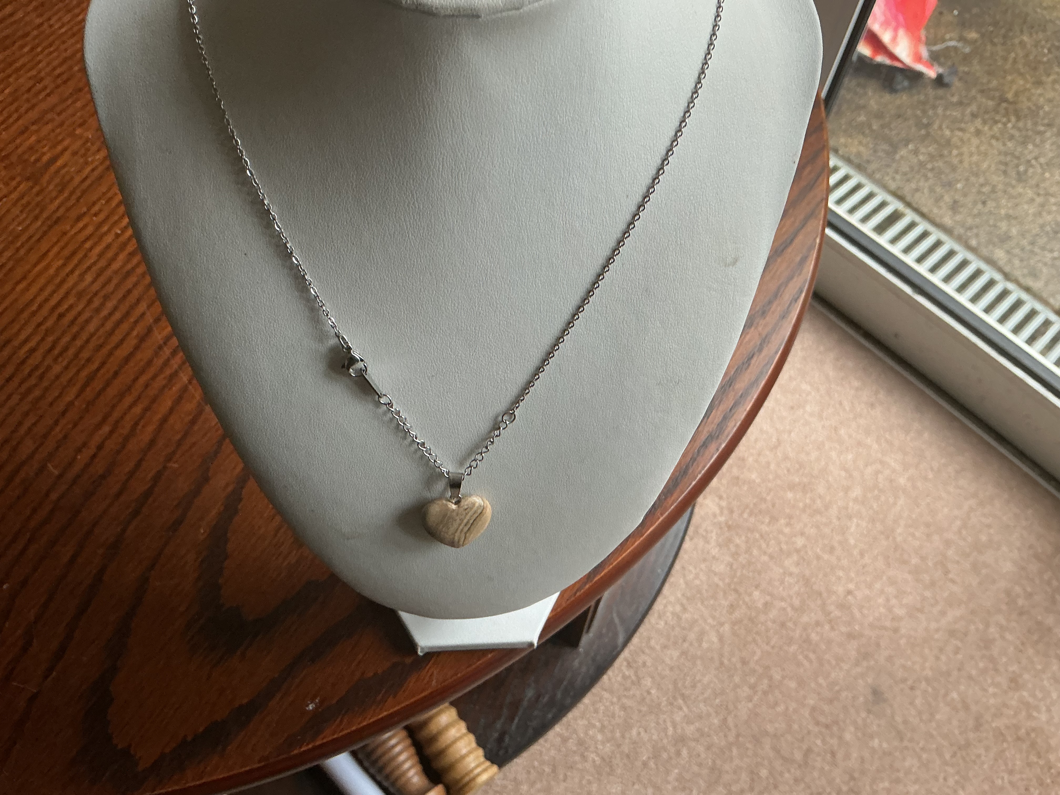 November. Banded Jasper Heart Pendant Necklace on a White Metal Chain