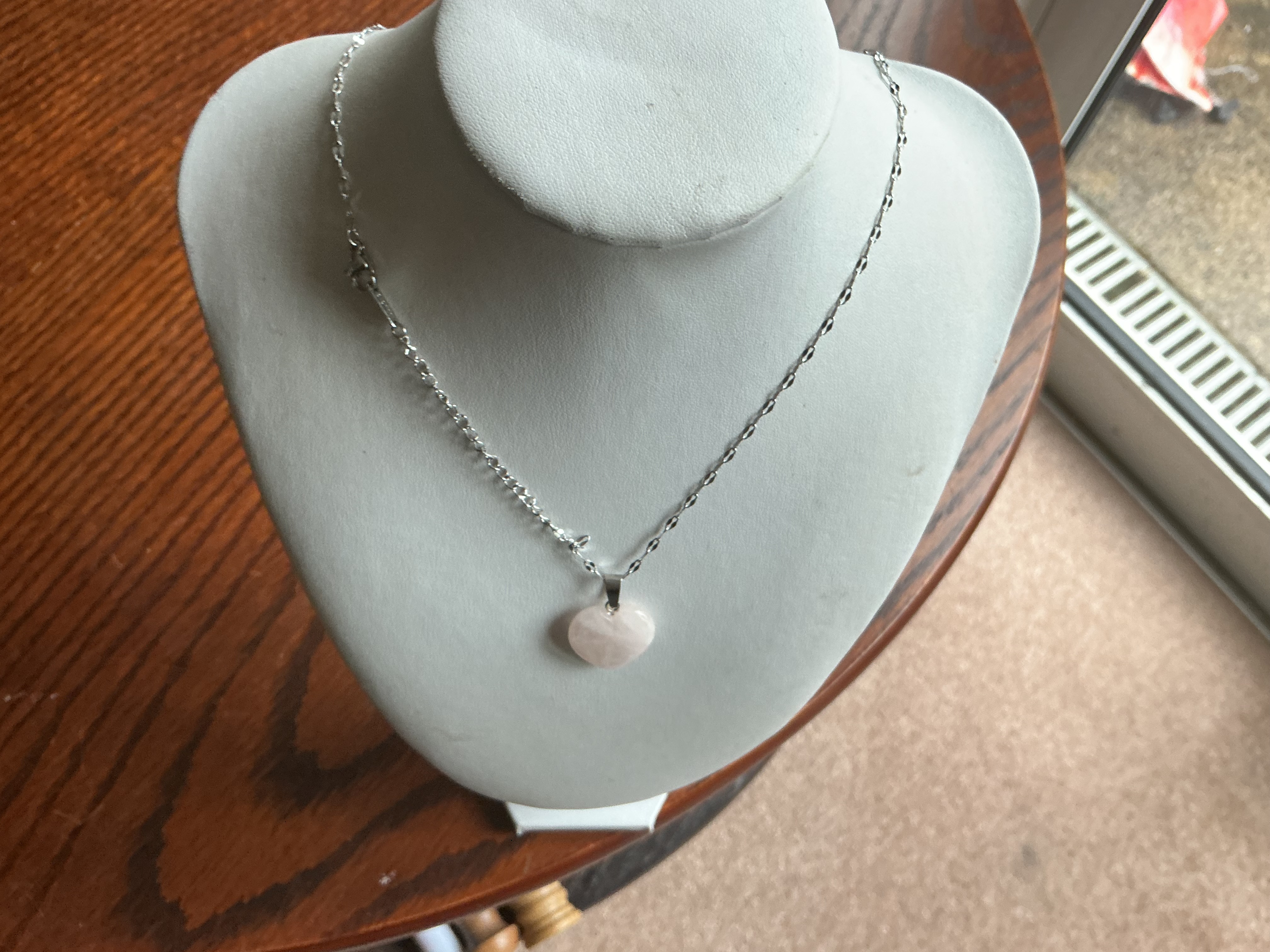 October. Rose Quartz Heart Pendant Necklace in Silver-Toned Metal