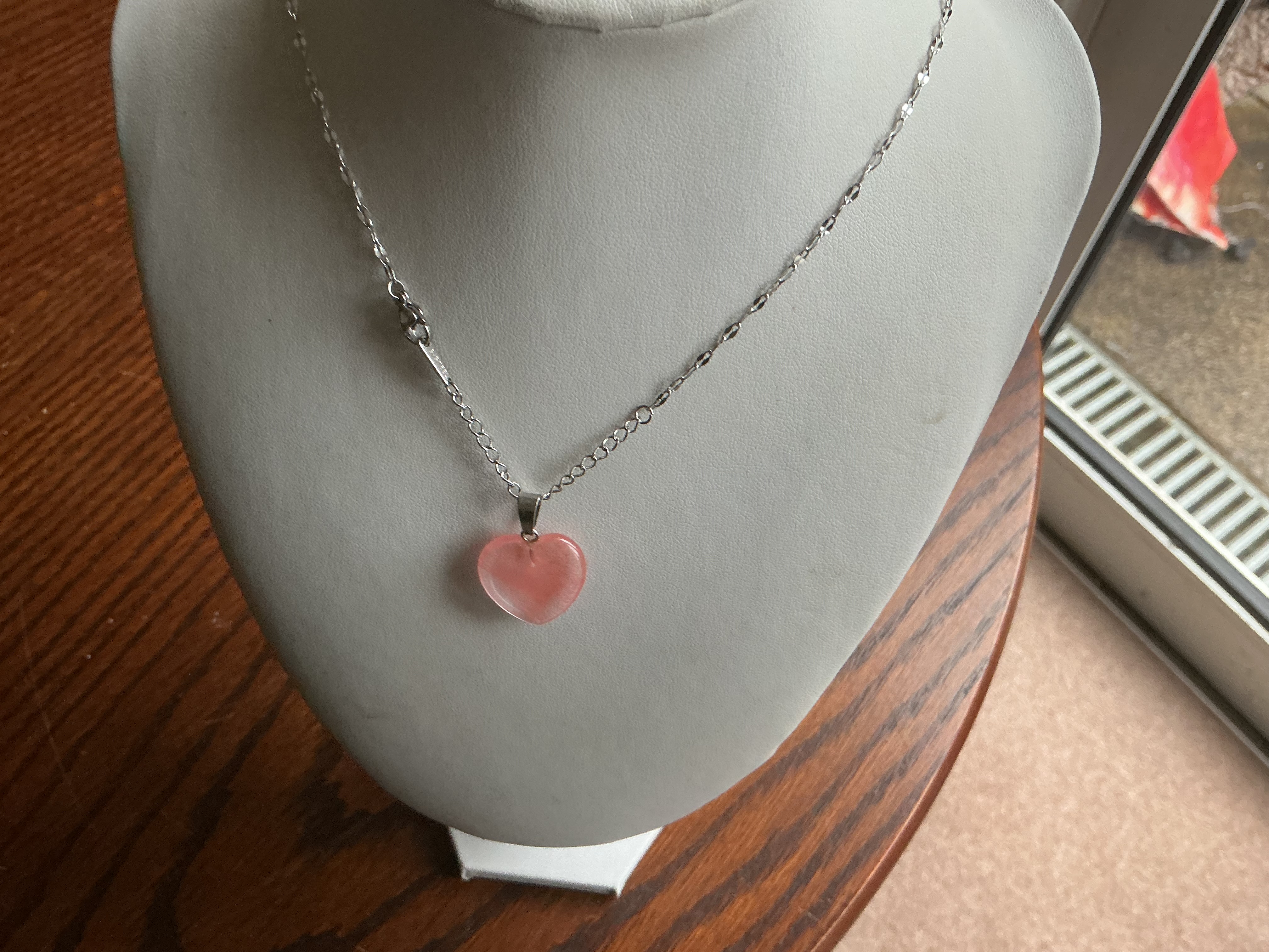 July.Rose Quartz Heart Pendant on a Fine Link White Metal Chain