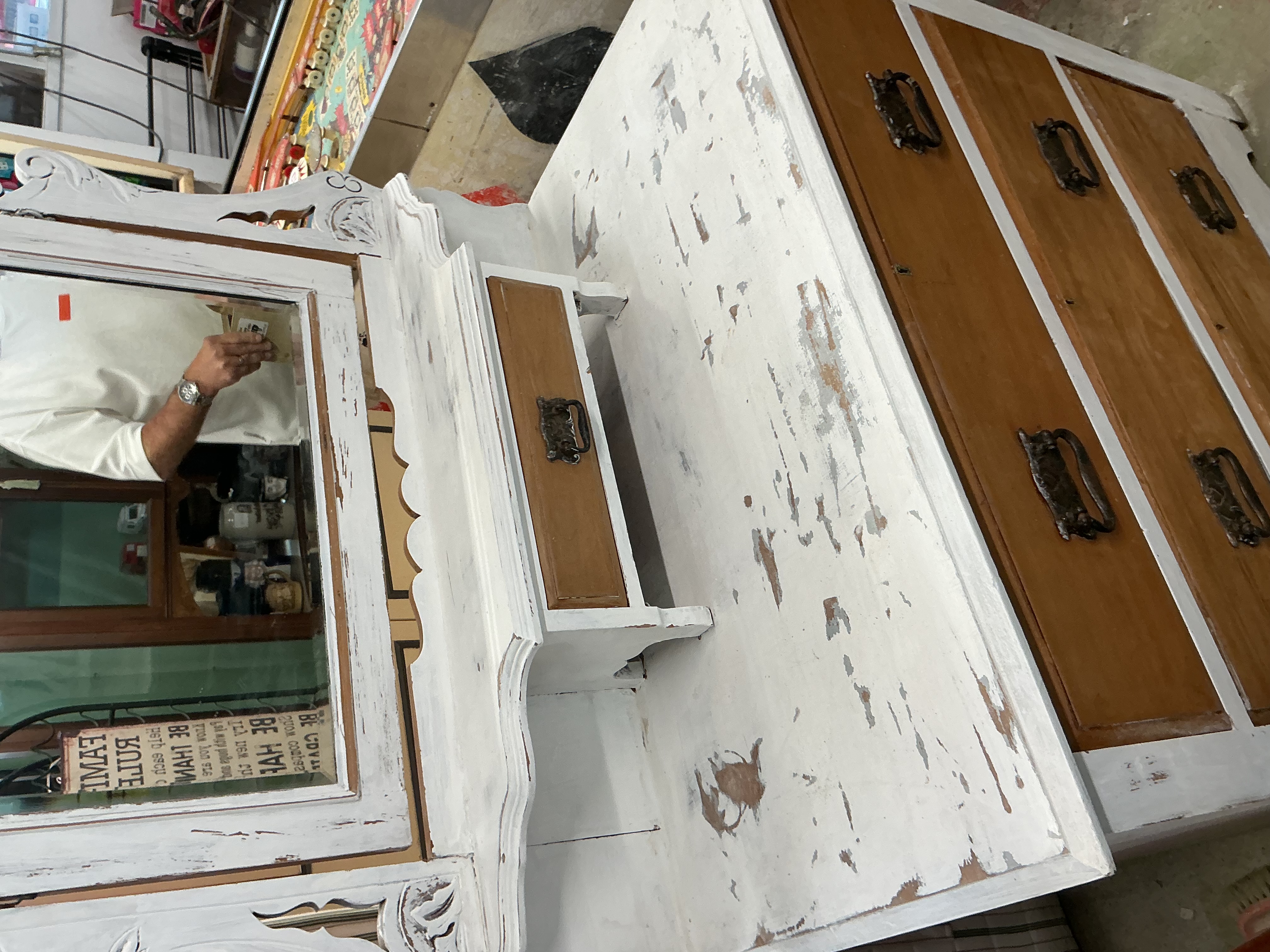 Late Victorian or Edwardian Distressed White Painted Dressing Chest with Mirror