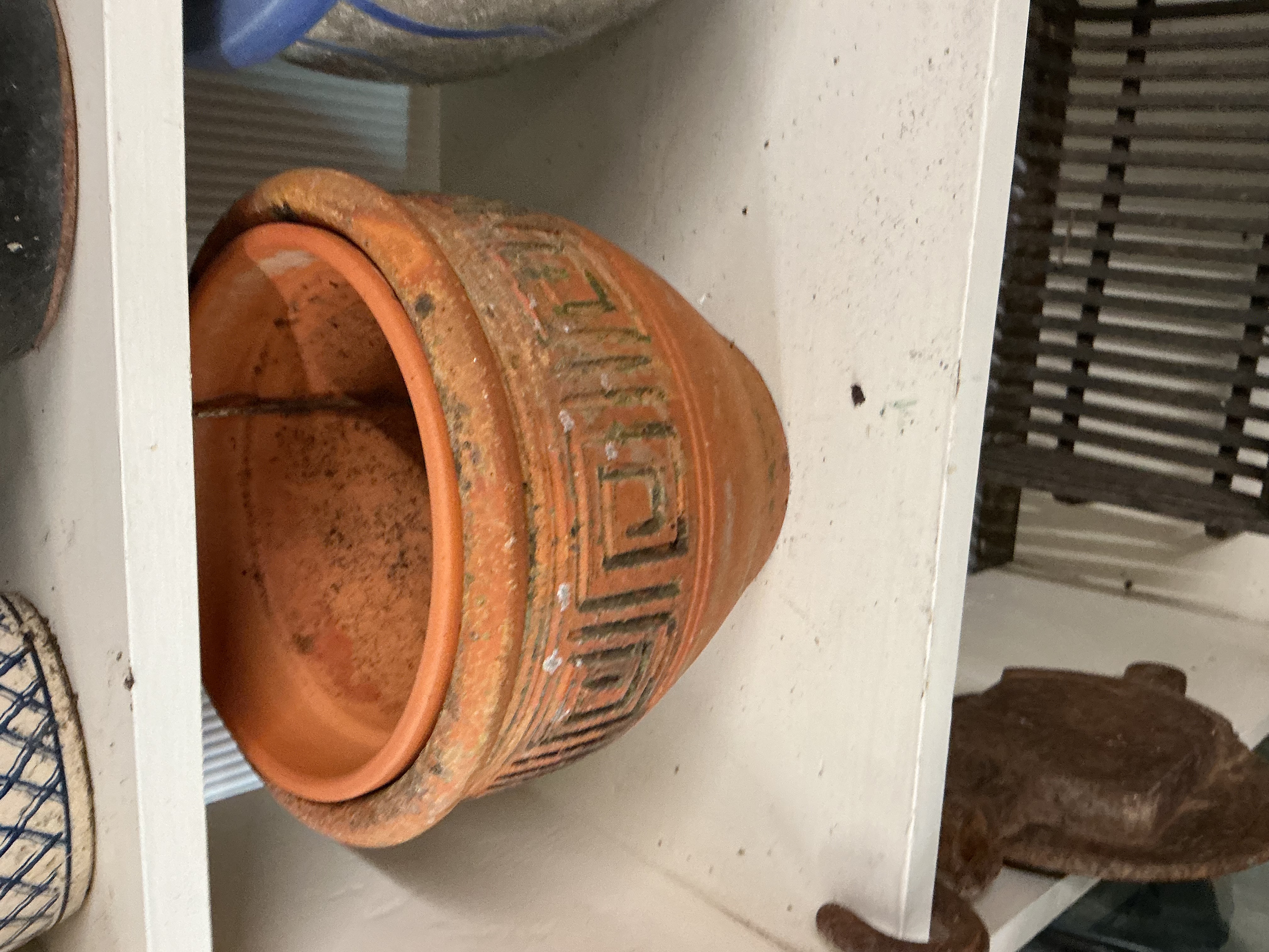 A Neoclassical Style Terracotta Garden Planter and Liner with Greek Key Decoration