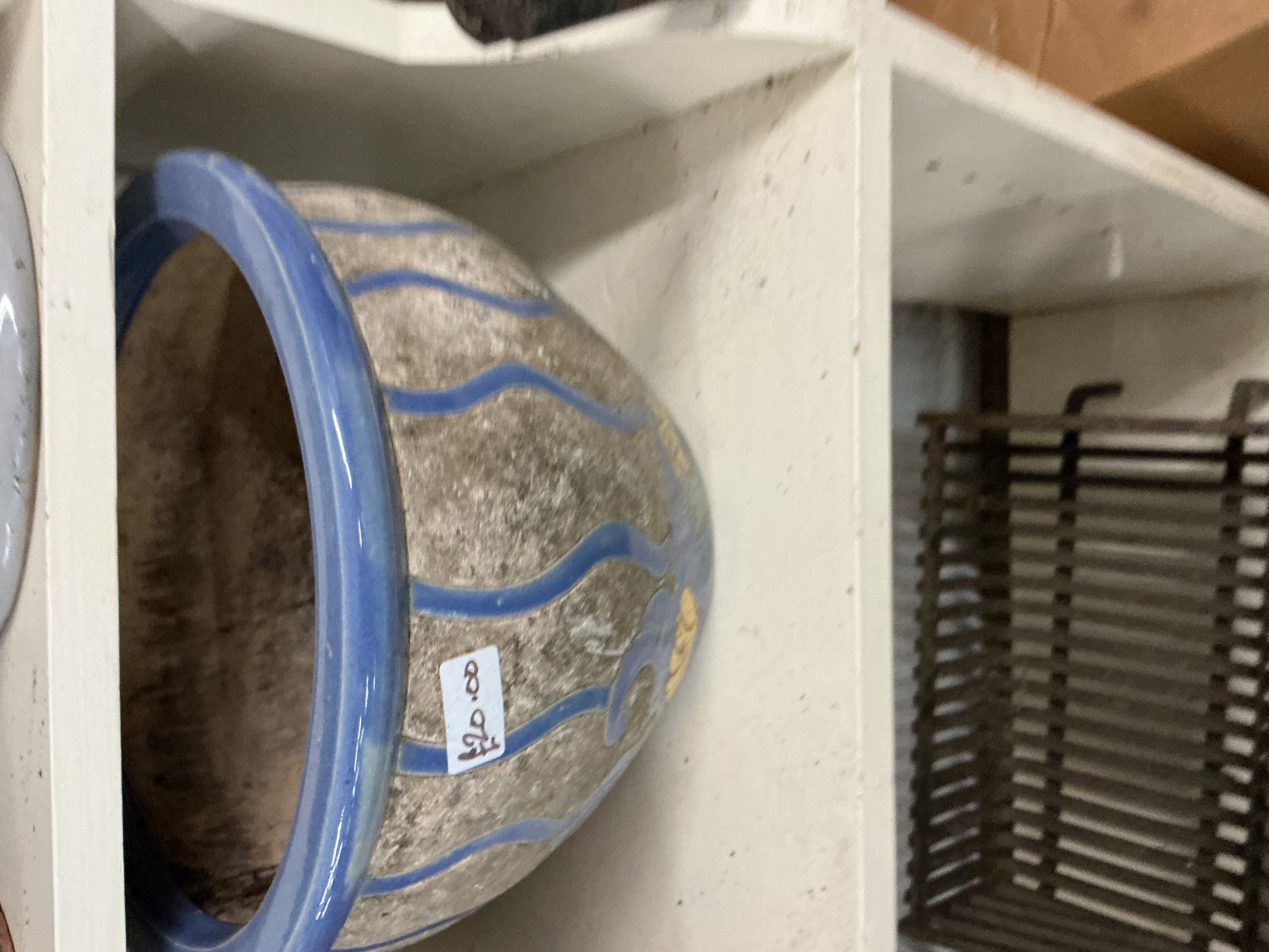 Large Studio Pottery Style Ceramic Planter with Blue Wavy Line Decoration