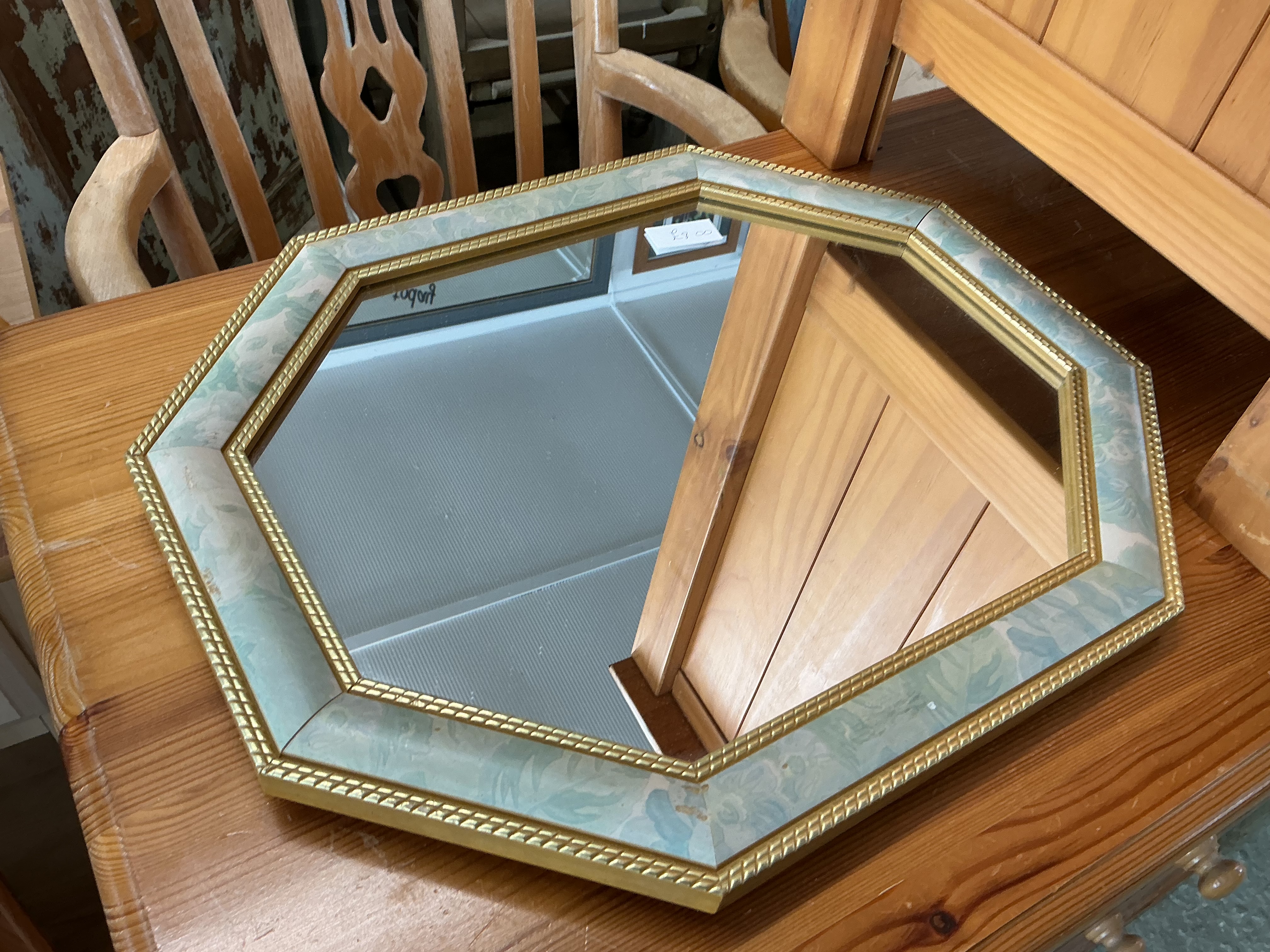 Late 20th Century Octagonal Gilt-Framed Wall Mirror with Floral Inlay