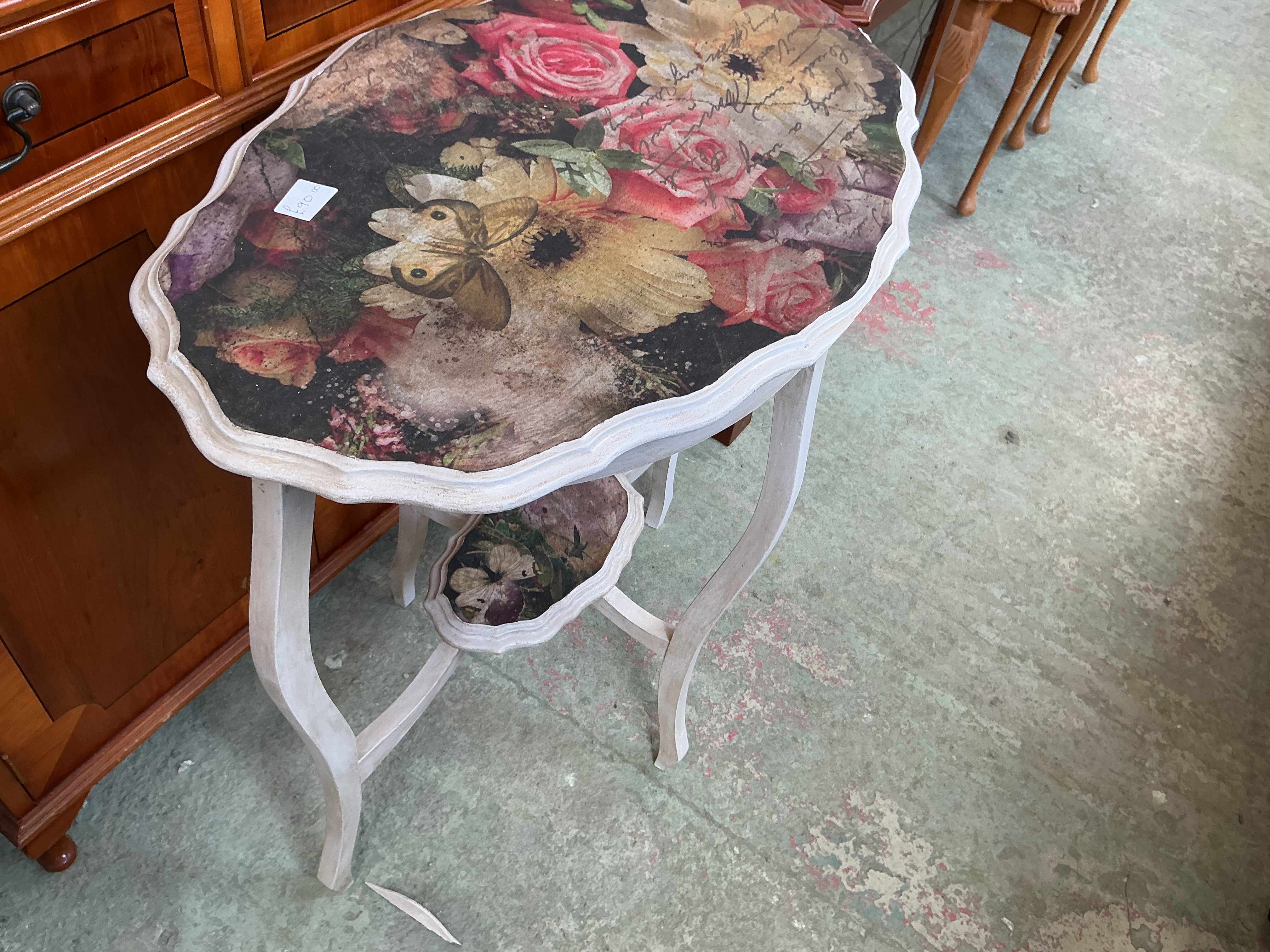 An Upcycled Queen Anne Style Two-Tier Occasional Table with Floral Decoupage Decoration
