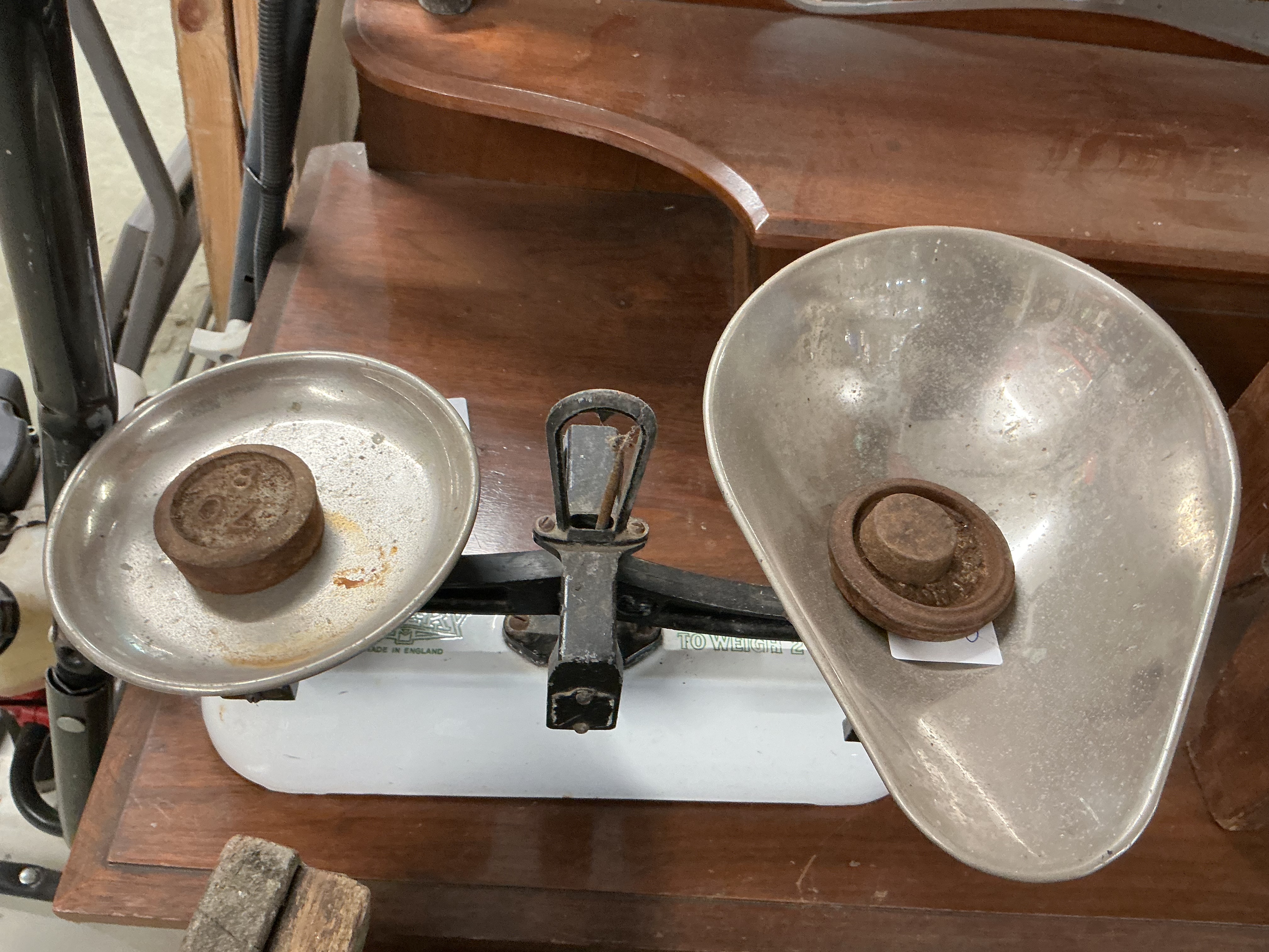 A Set of Vintage Salter Cast Iron Counter-top Balance Scales and Two Weights