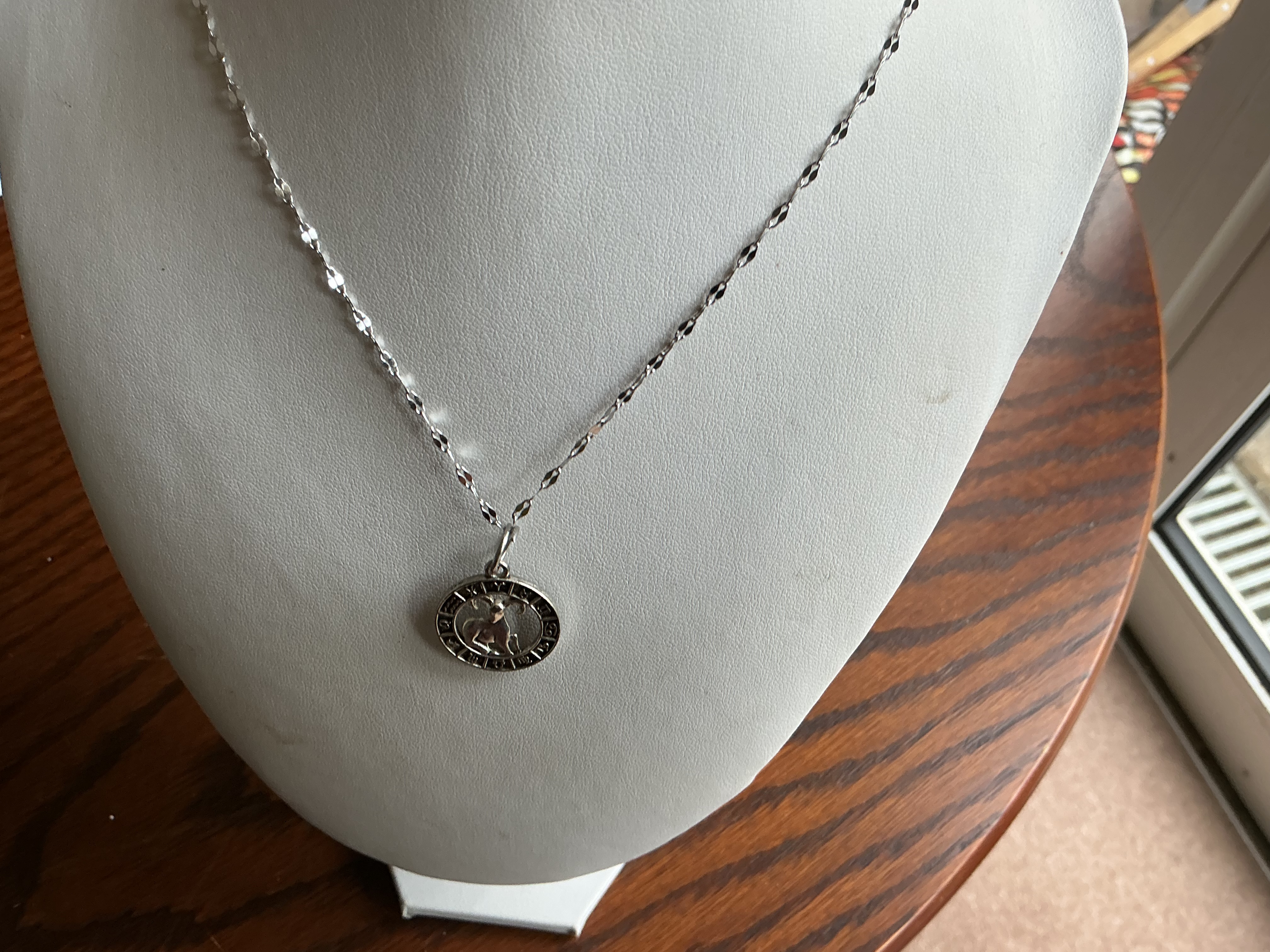 Aries. Zodiac Theme White Metal Medallion Pendant Necklace