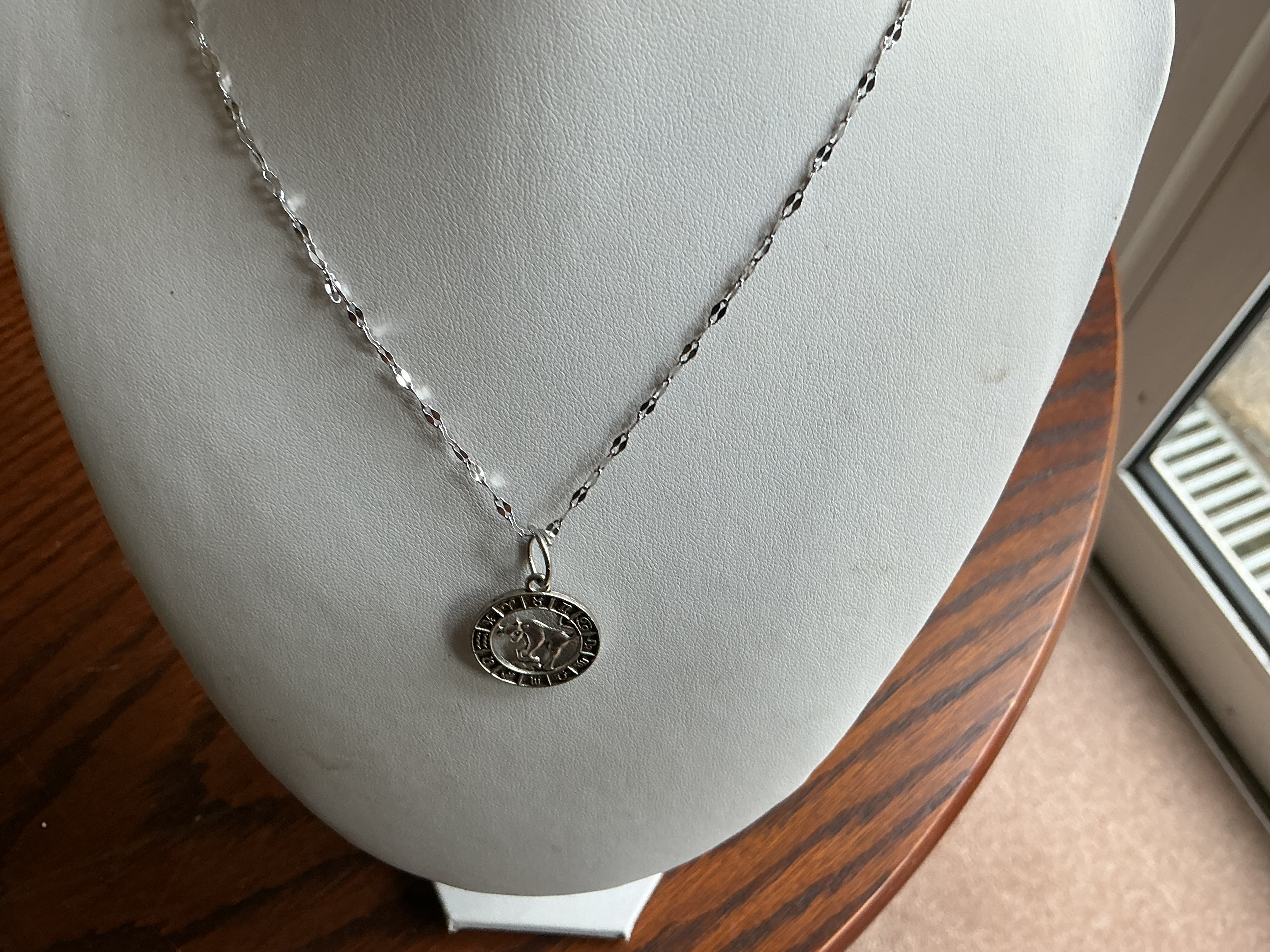 Taurus. A White Metal Taurus Zodiac Medallion Pendant on Sparkle Chain Necklace