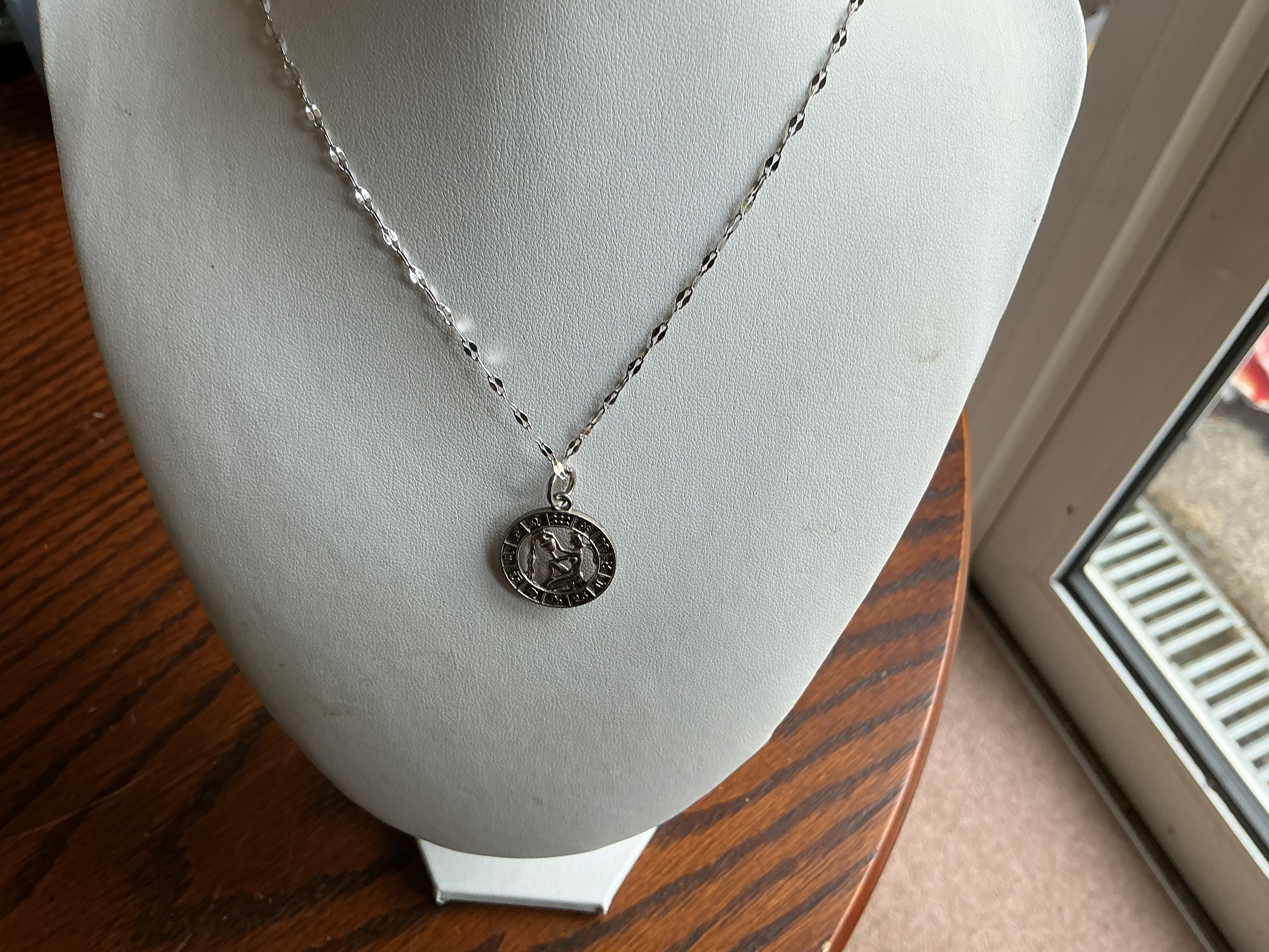Aquarius. A white metal zodiac medallion pendant necklace