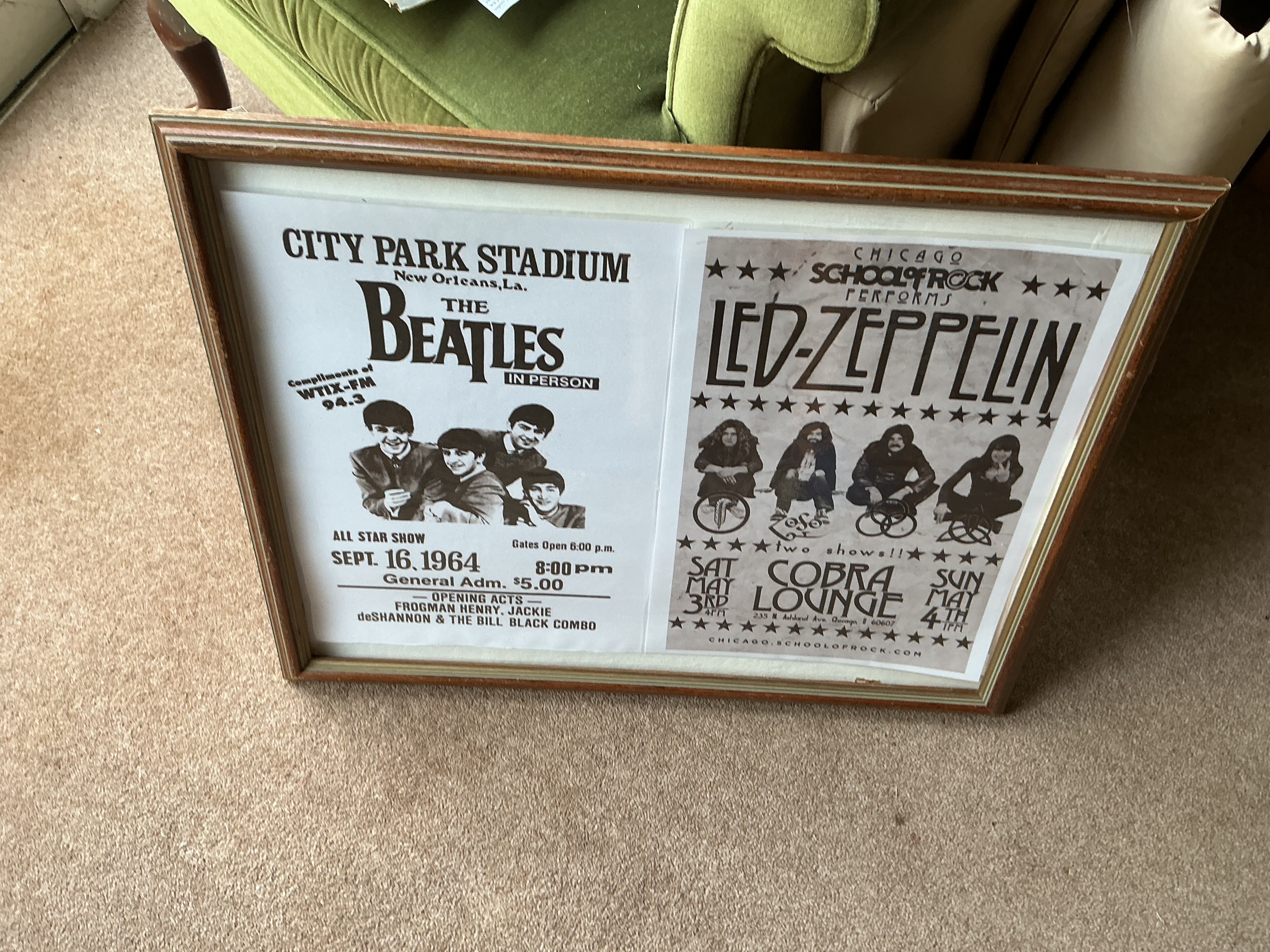 Framed Music Memorabilia Display featuring a Beatles Reproduction Concert Poster and a School of Rock Led Zeppelin Flyer