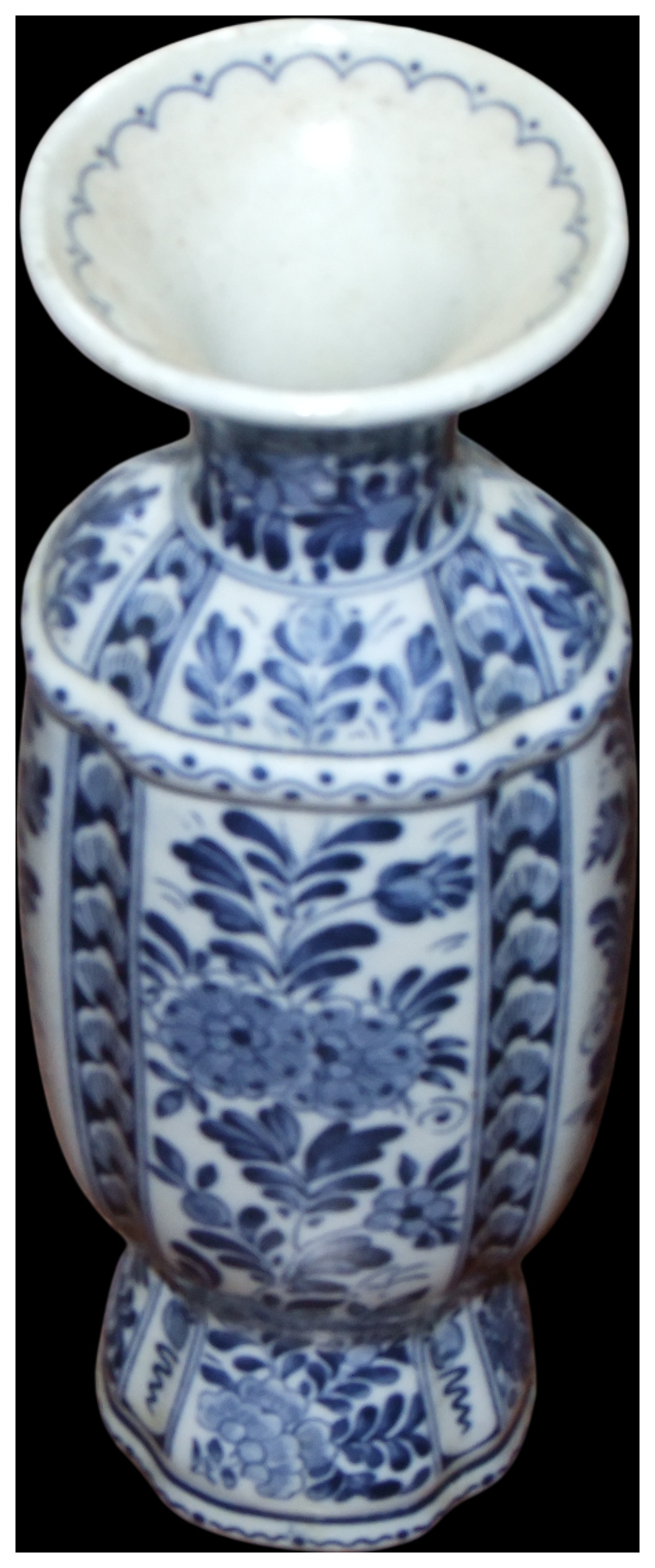 No Reserve, cannot post.A tin-glazed earthenware lobed baluster vase with blue and white floral decoration