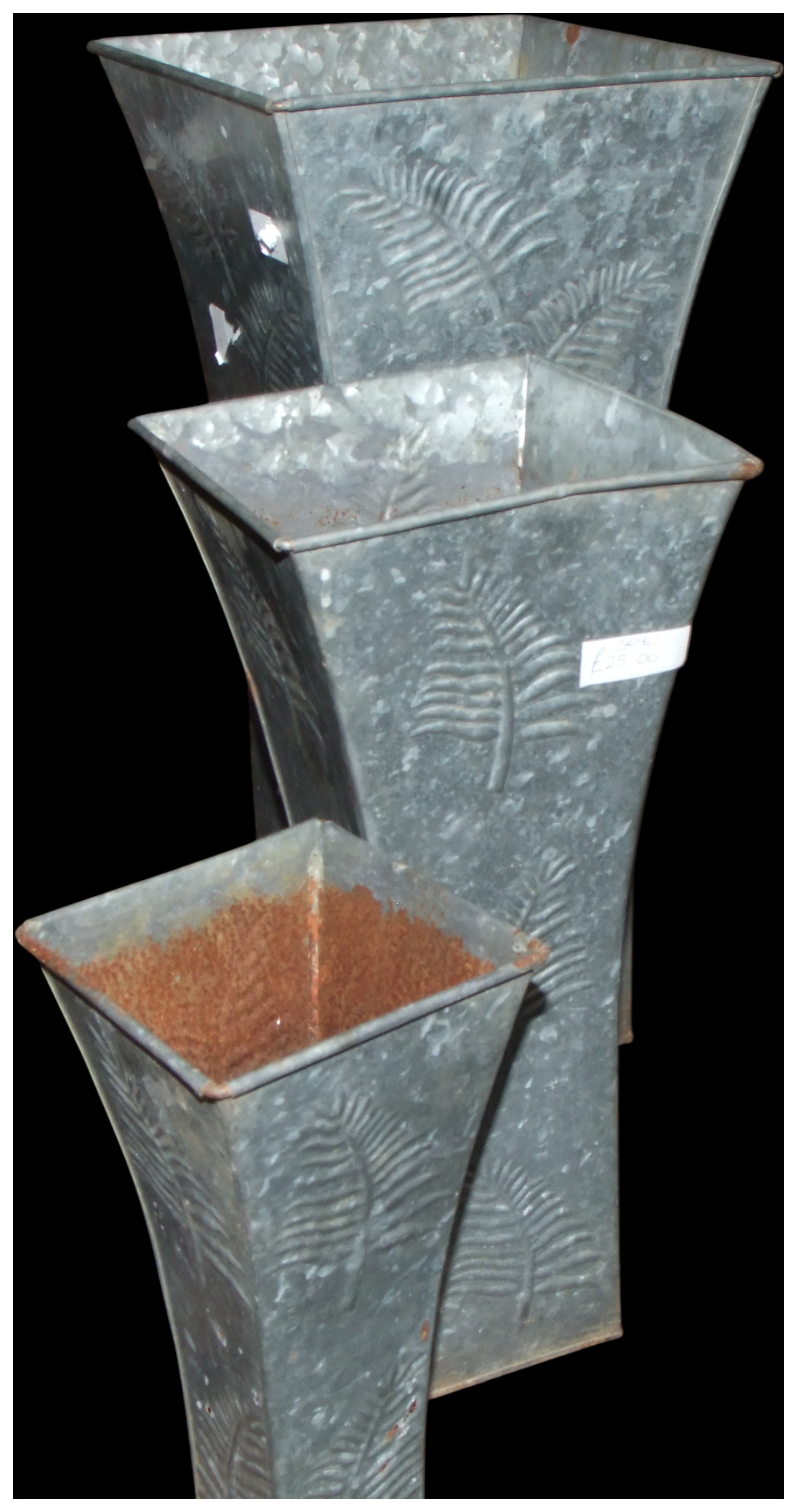No reserve. A Trio of Graduated Galvanised Metal Square Planters with Fern Motif