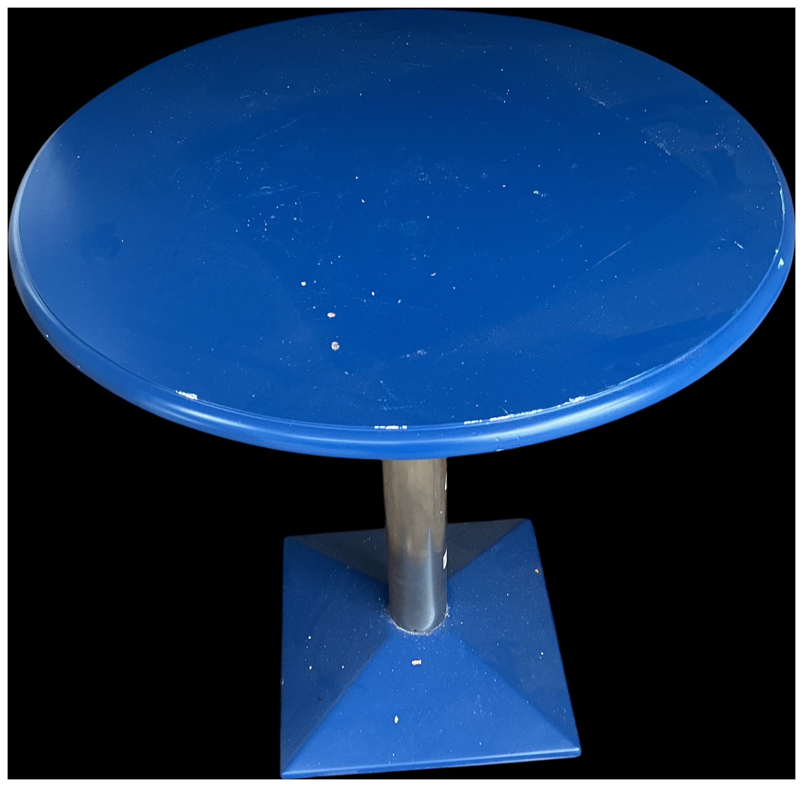 Contemporary Pedestal Bistro Table with Blue Lacquered Top and Square Pyramid Base