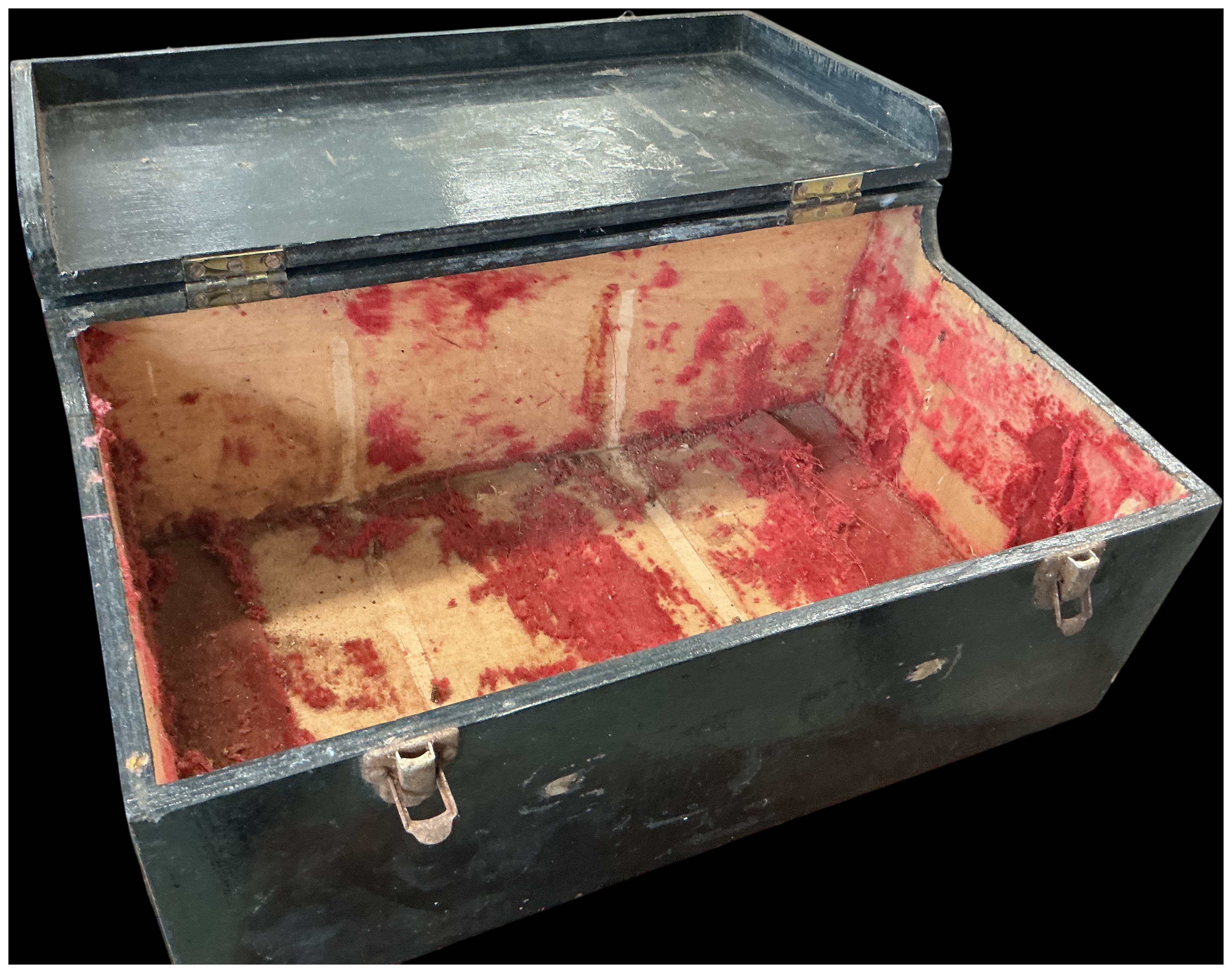 A Vintage Black-Painted Wooden Storage Chest with Red Flocked Lining