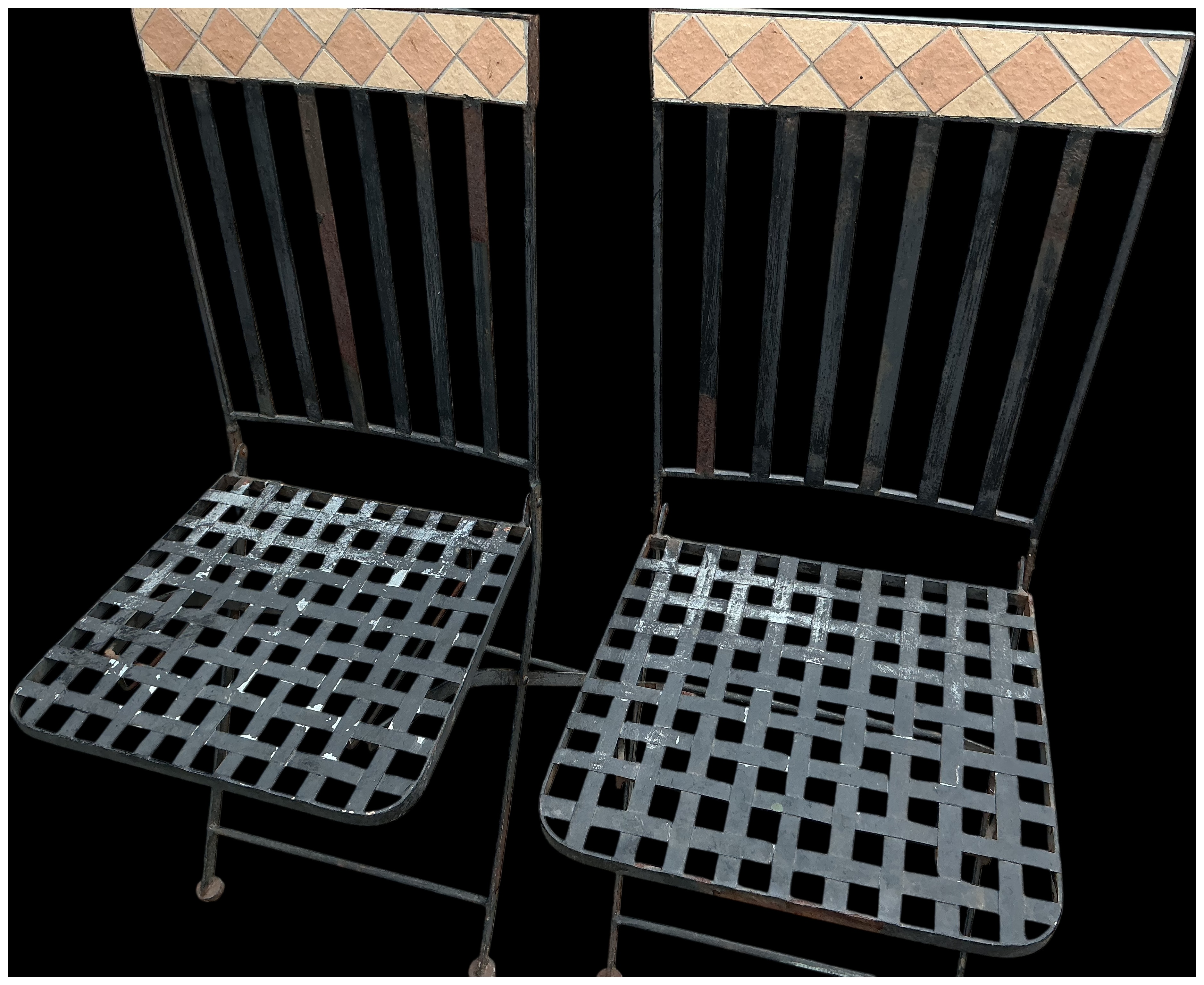 A Pair of Folding Metal and Ceramic Tile Bistro Garden Chairs