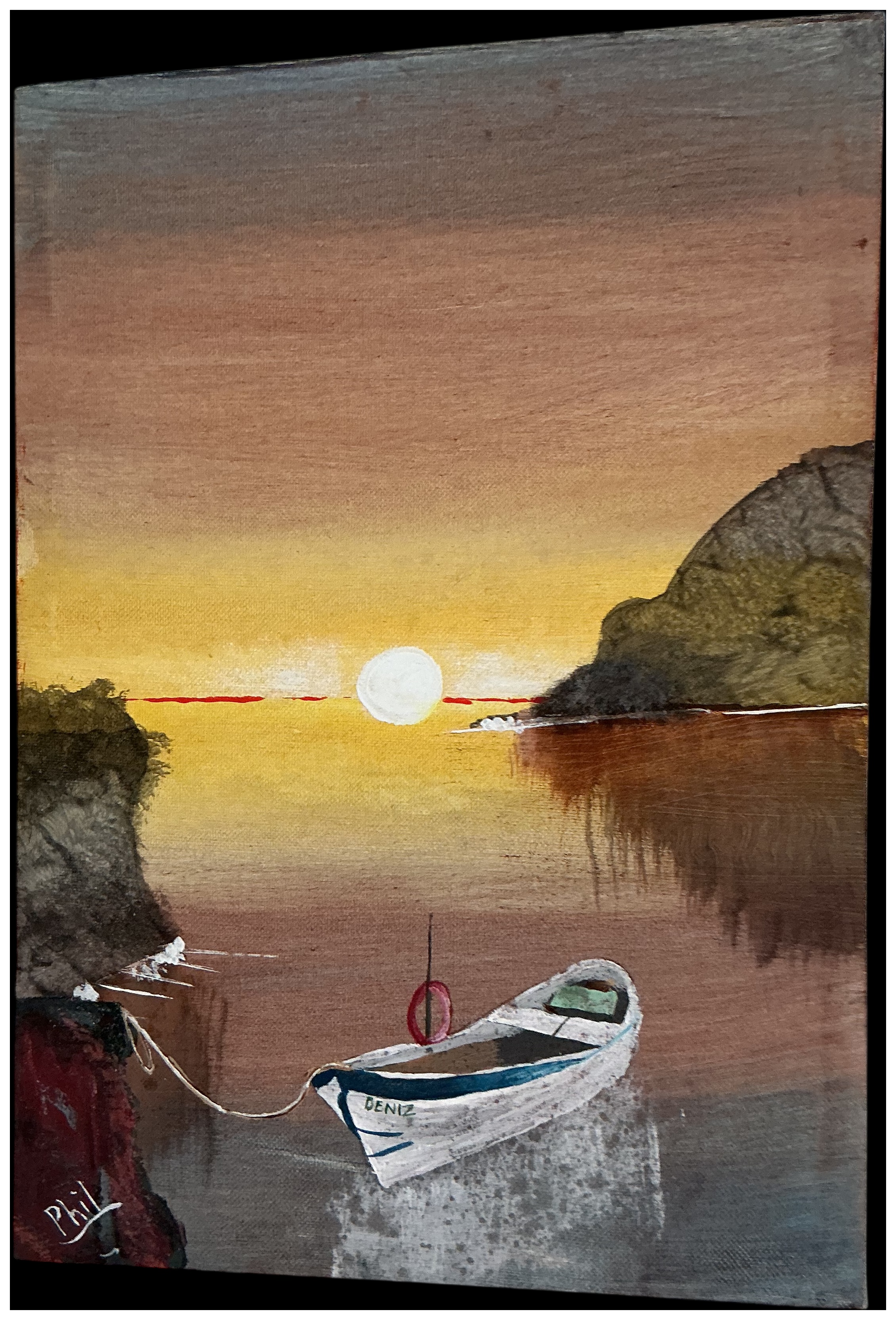 Phil (Contemporary), Stylised Sunset Landscape with Boat, oil or acrylic on canvas