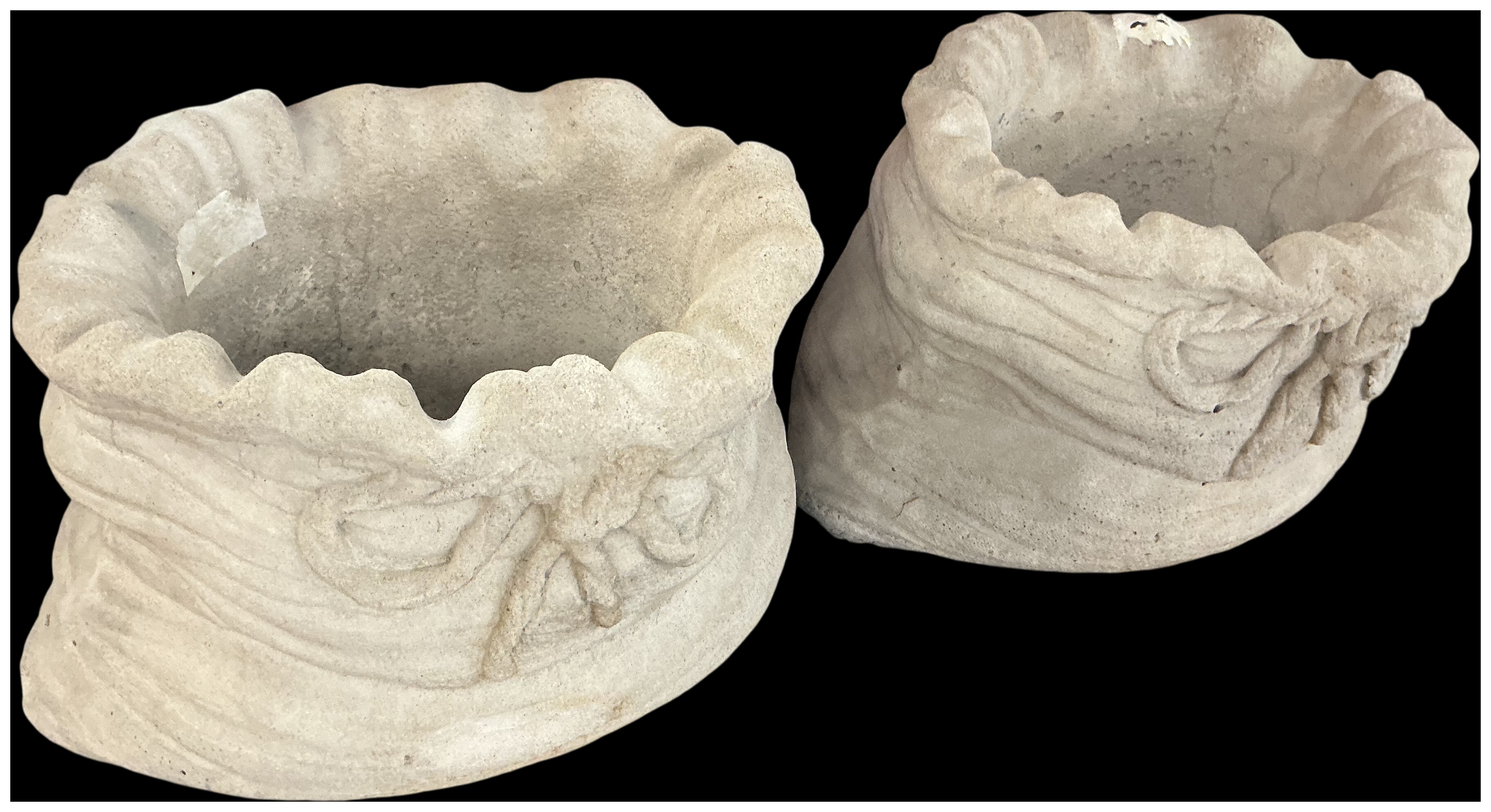 No reserve. Pair of Cast Stone Garden Planters in the Form of Sacks