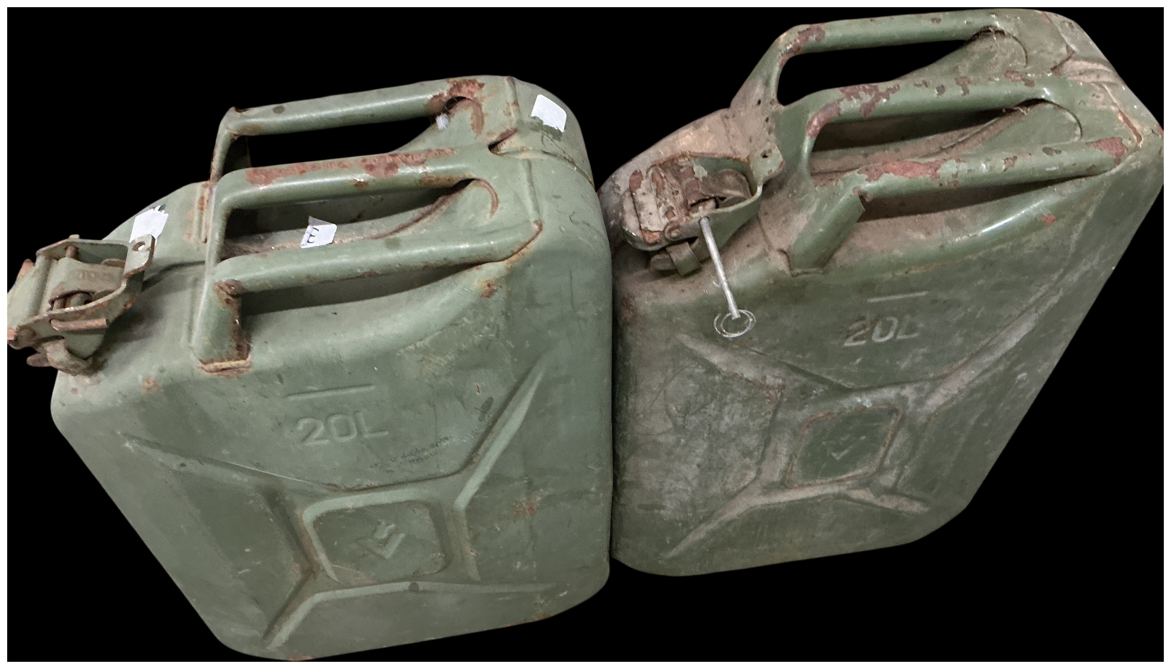 No reserve. A Pair of Cold War Era British Military NATO Pattern 20-Litre Steel Jerry Cans