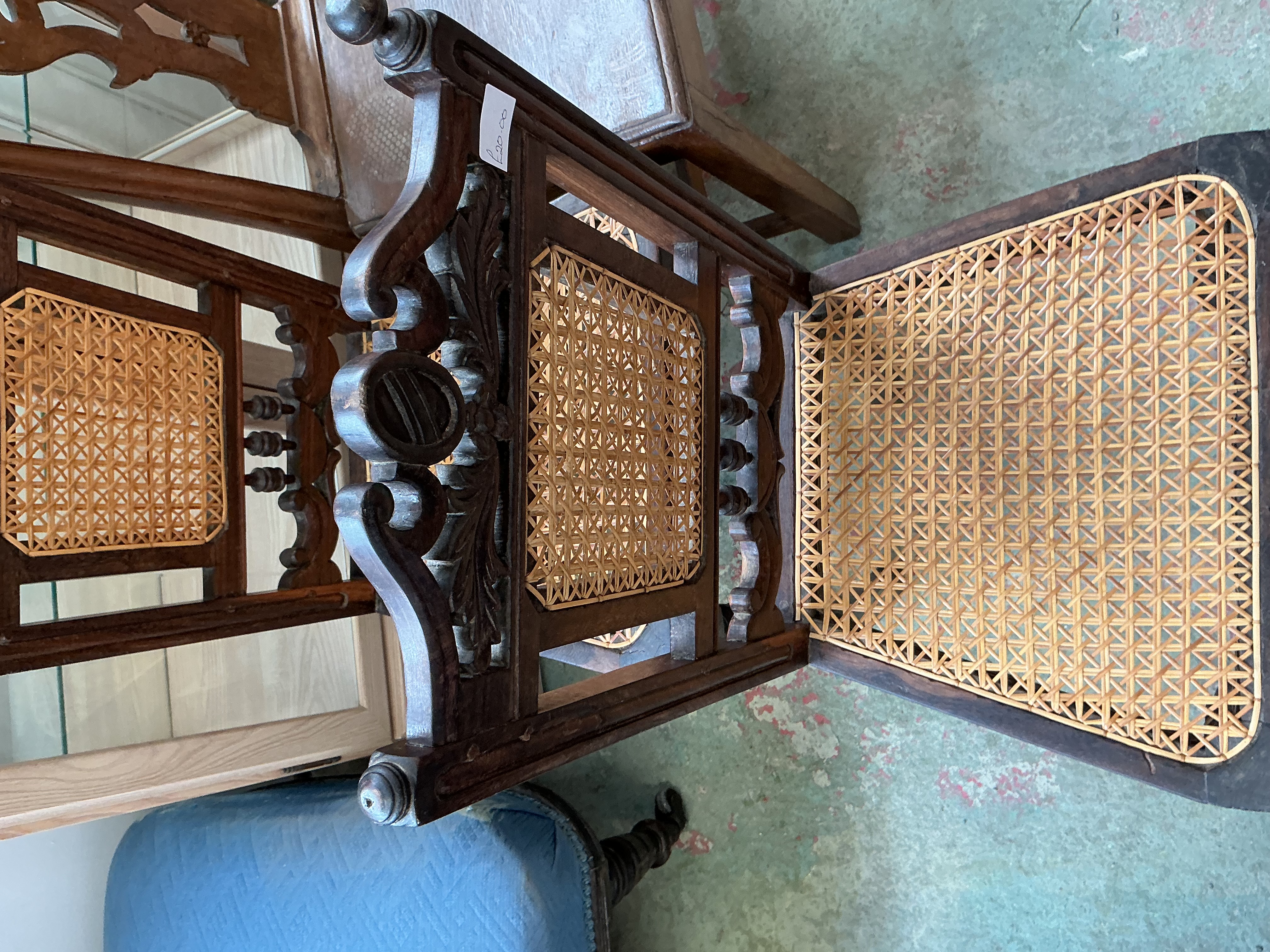 A Pair of Carolean Revival Carved Hardwood Side Chairs with Cane Panels