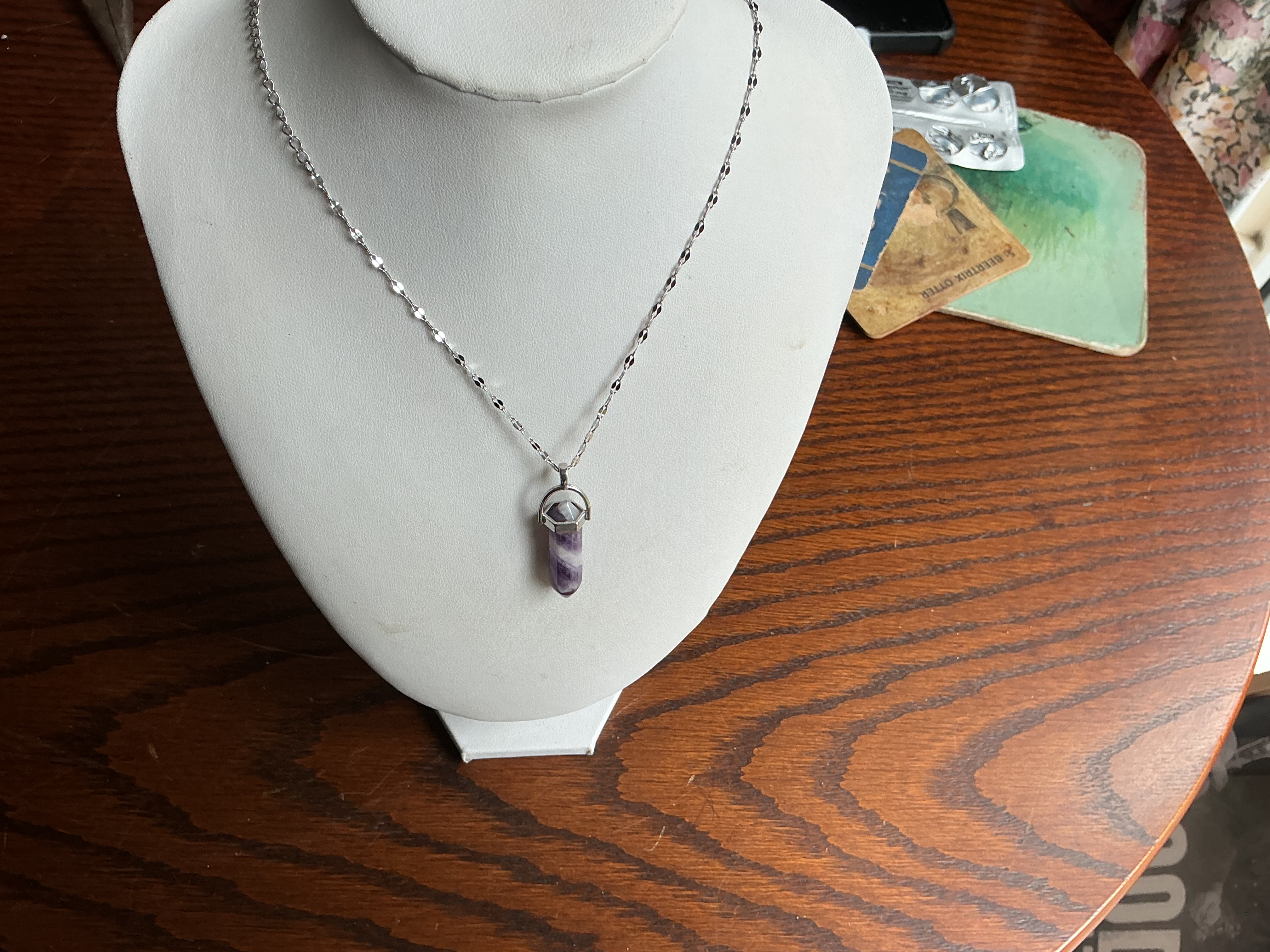 March. Chevron Amethyst Crystal Point Pendant on a Faceted Link Chain