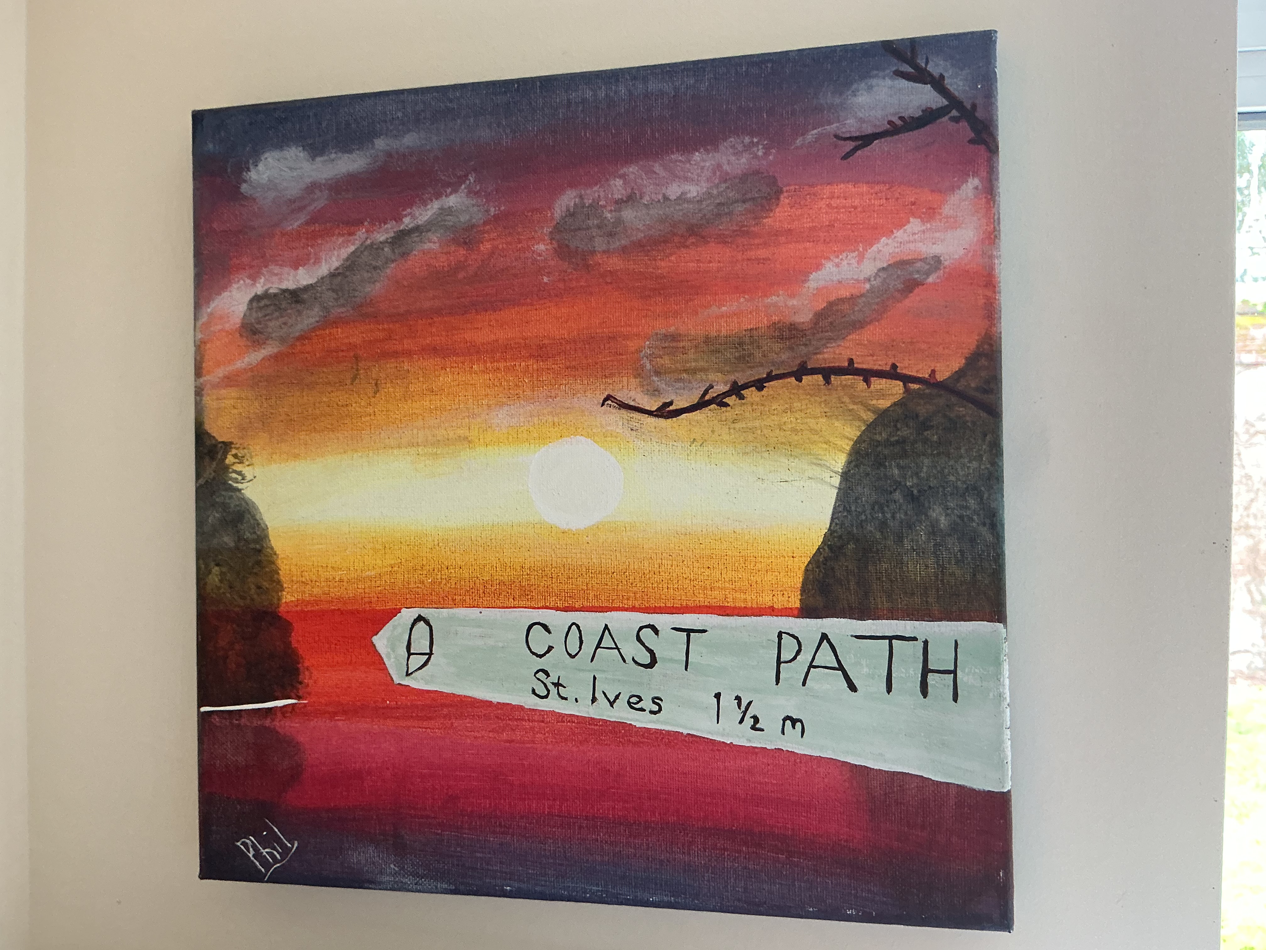 Phil Foster, Coastal Sunset with St. Ives Signpost, Acrylic on Canvas
