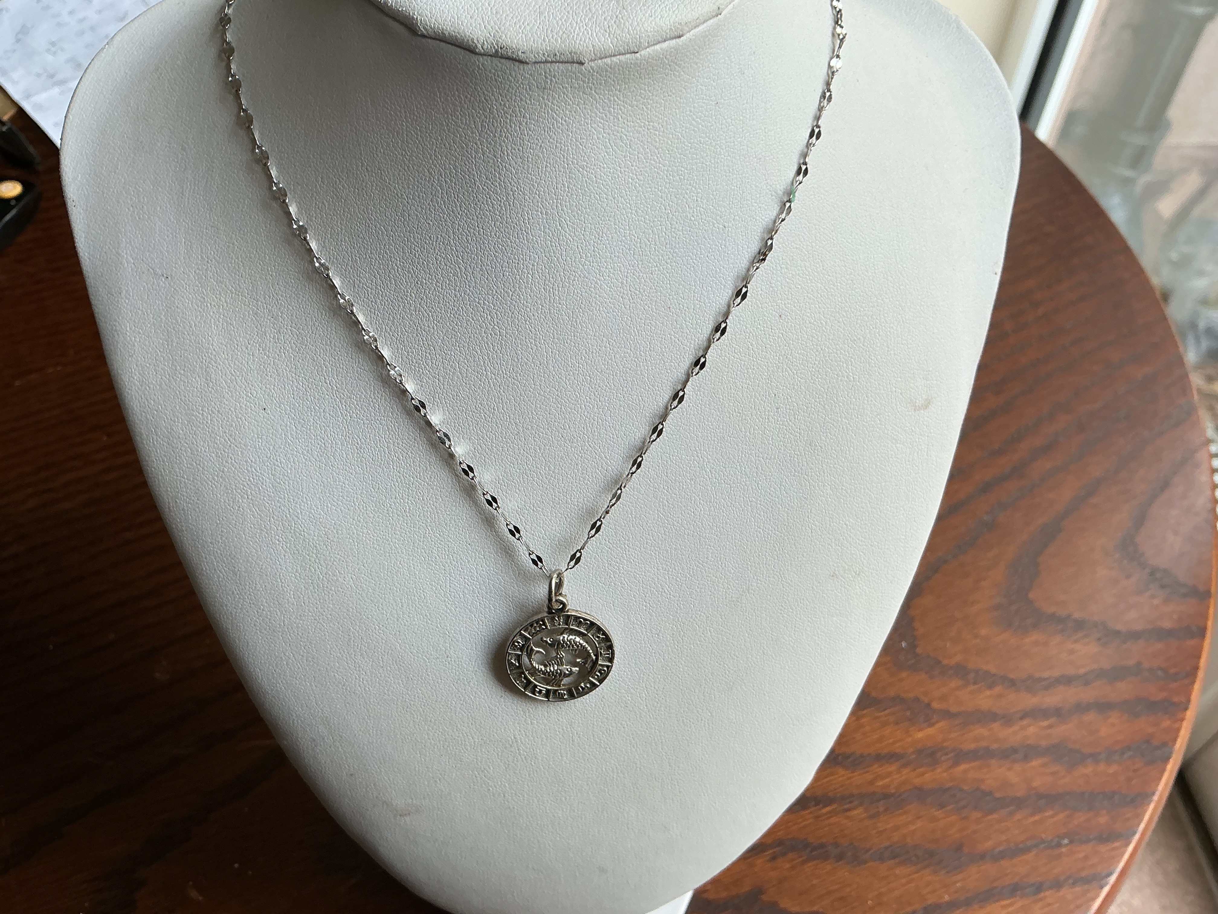 Pisces. White Metal Pisces Zodiac Medallion Pendant Necklace