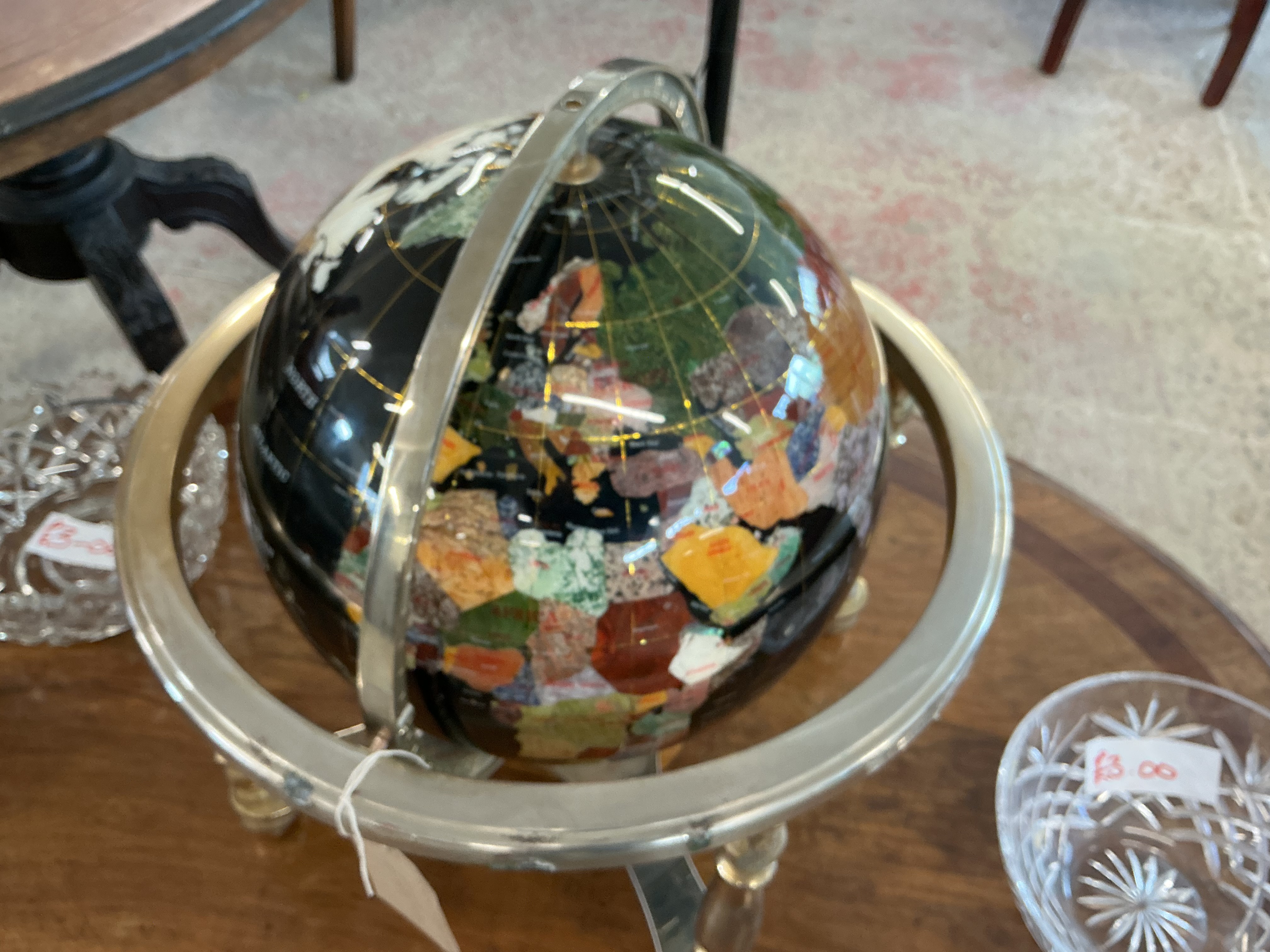 A Contemporary Multi-Coloured Gemstone Desk Globe on Silver-Tone Stand