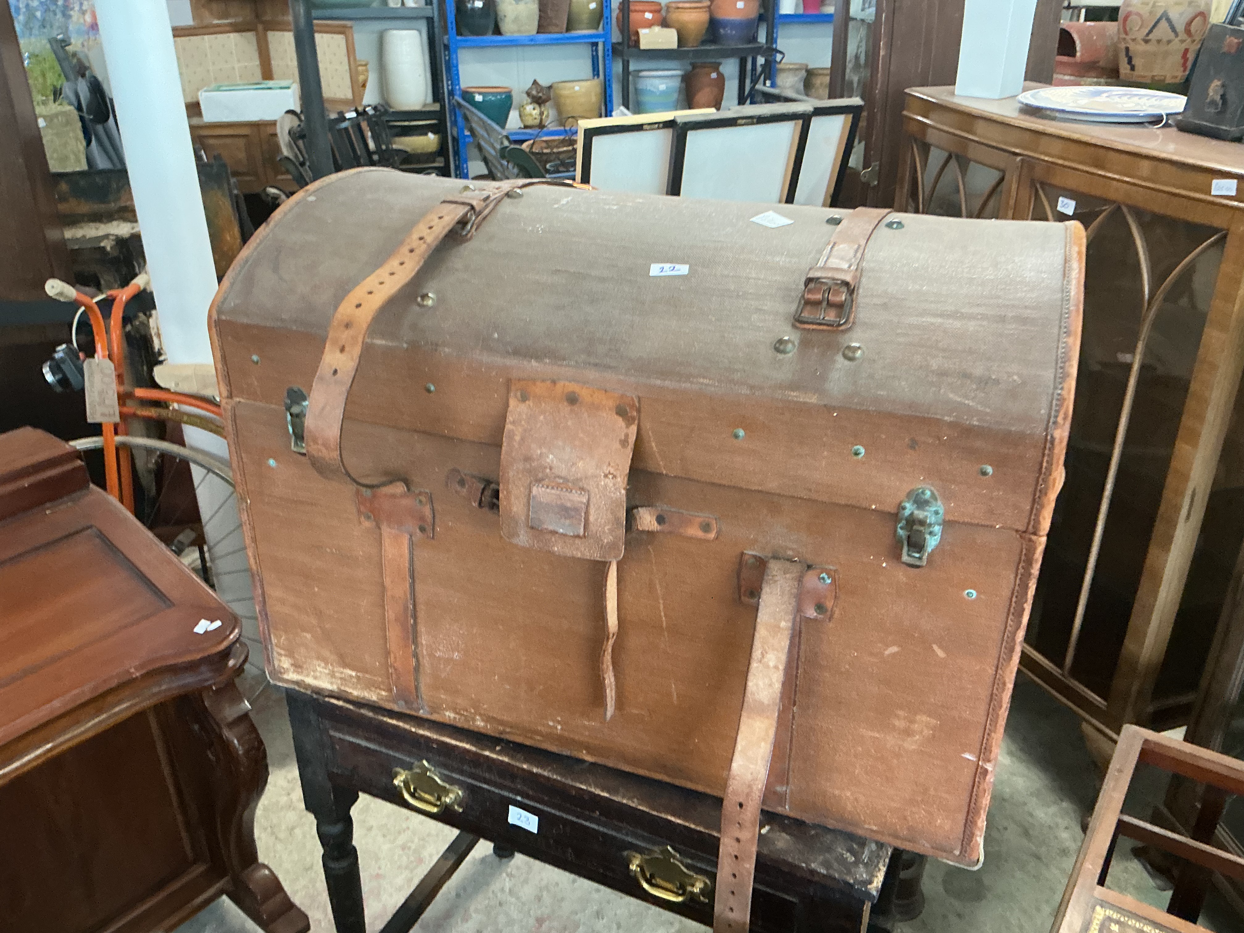 A Large Victorian English Dome-Top Canvas and Leather Steamer Trunk