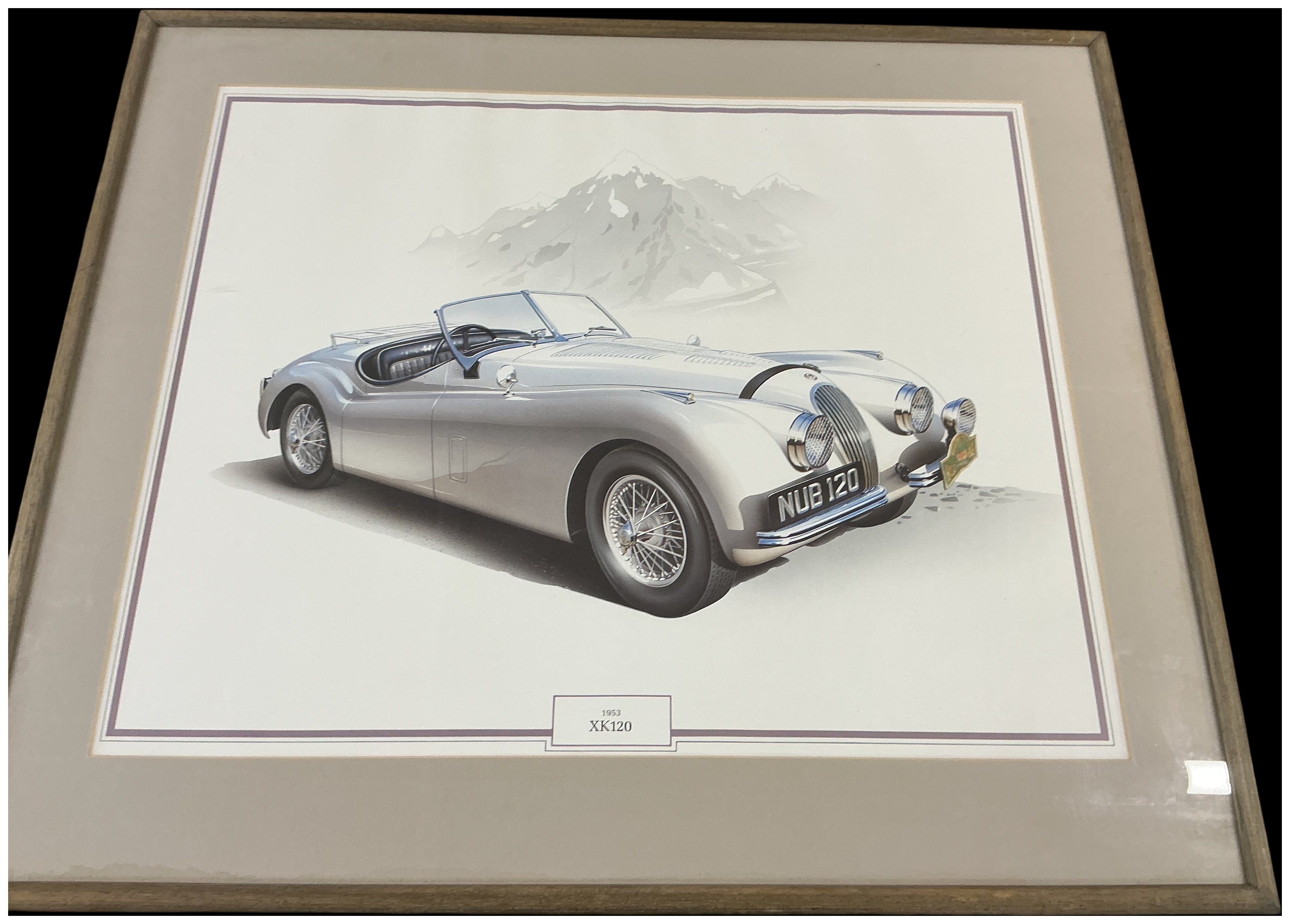 A Framed Print Depicting the Jaguar XK120 Roadster NUB 120