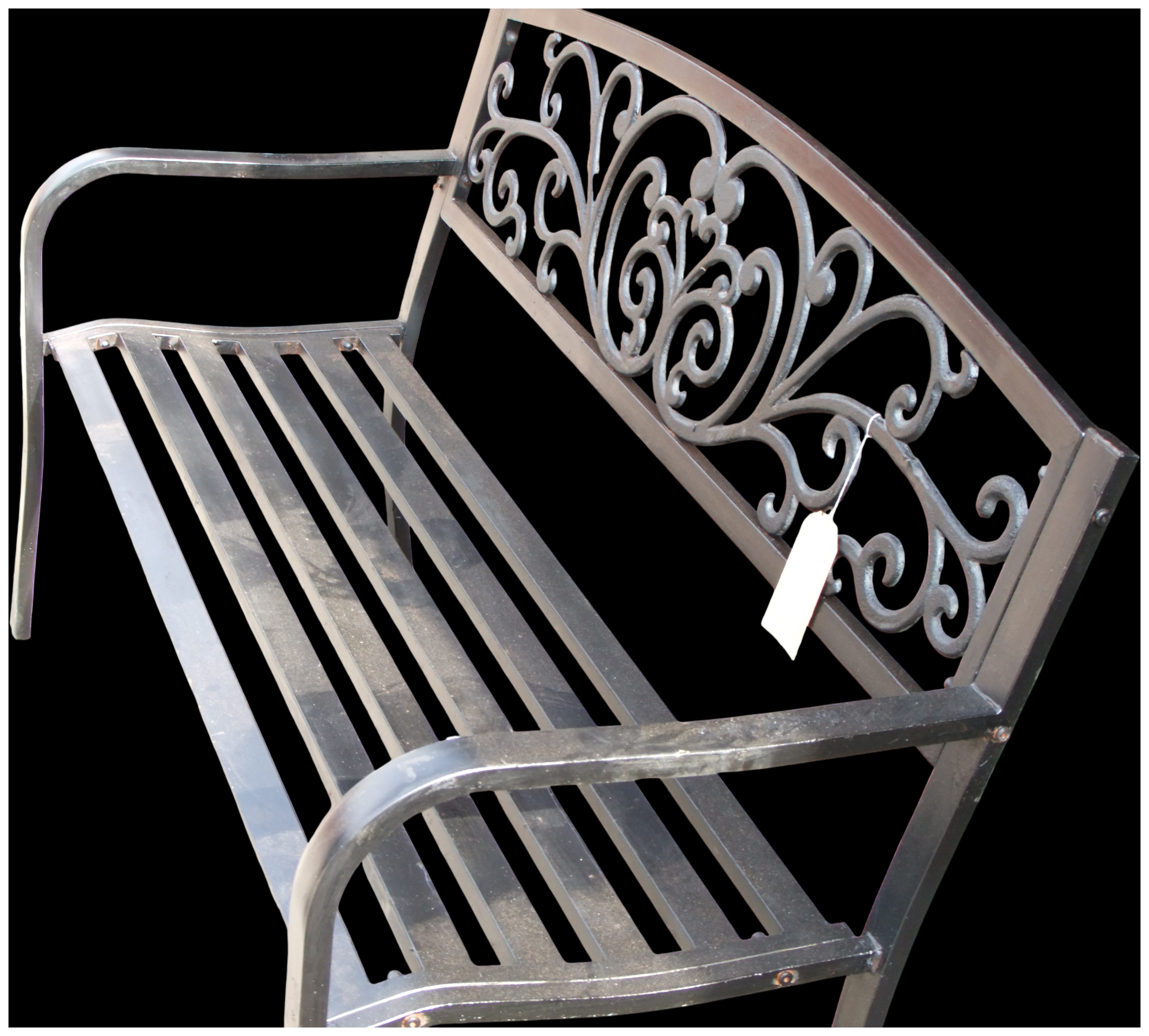 No Reserve.A Two-Seater Black Painted Metal Garden Bench with Decorative Scrollwork Back
