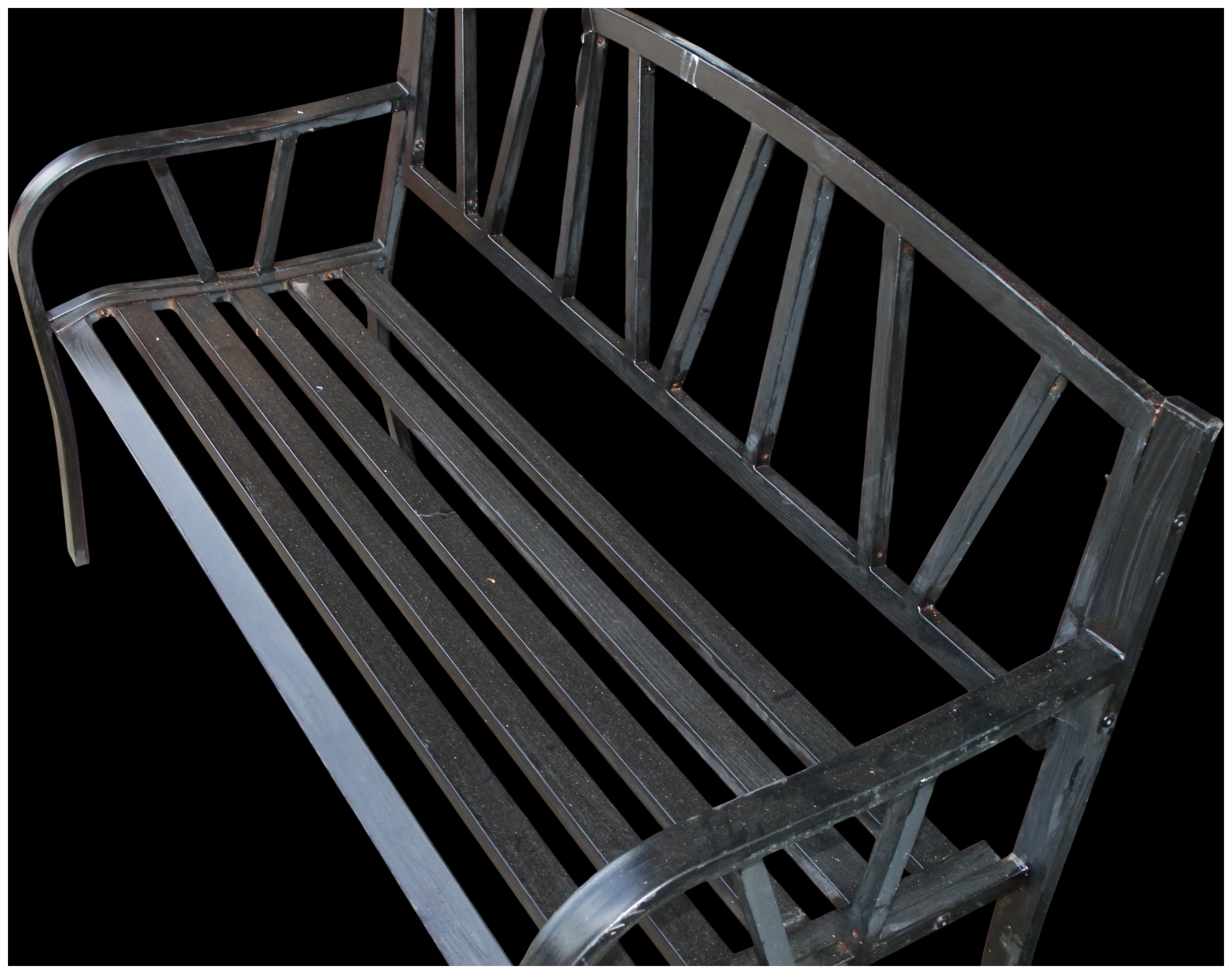 No Reserve.A contemporary black painted metal garden bench with geometric backrest