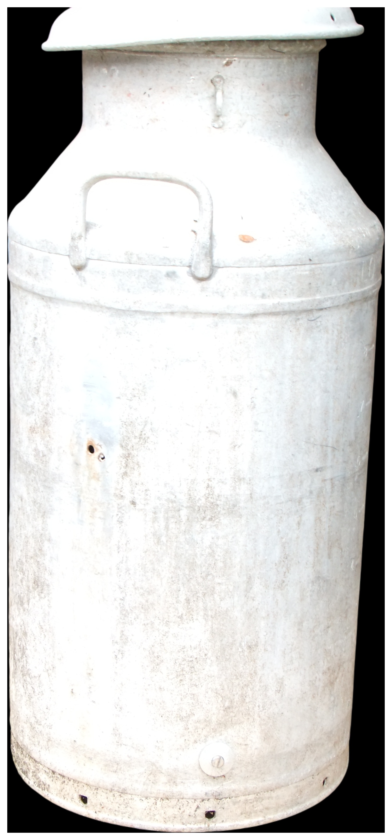 A vintage galvanised steel agricultural milk churn with lid