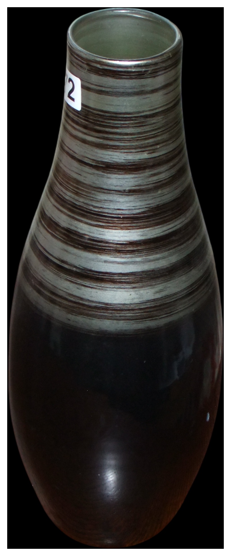 No Reserve, cannot post.A tall mid-century modern style ceramic vase with horizontal banded and dark brown glazes