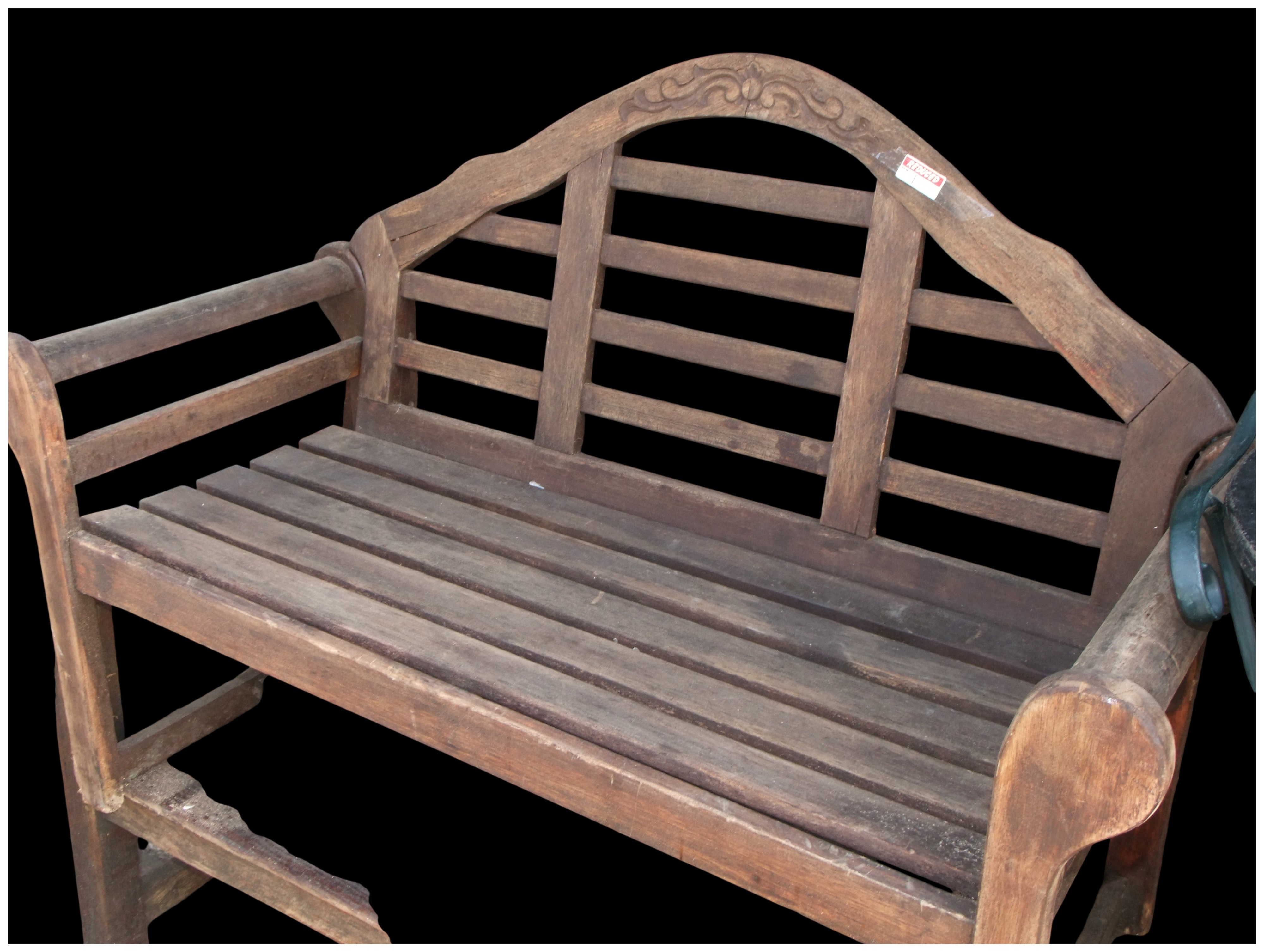 A Weathered Hardwood Garden Bench with Arched Backrest and Lower Storage Shelf. No reserve.
