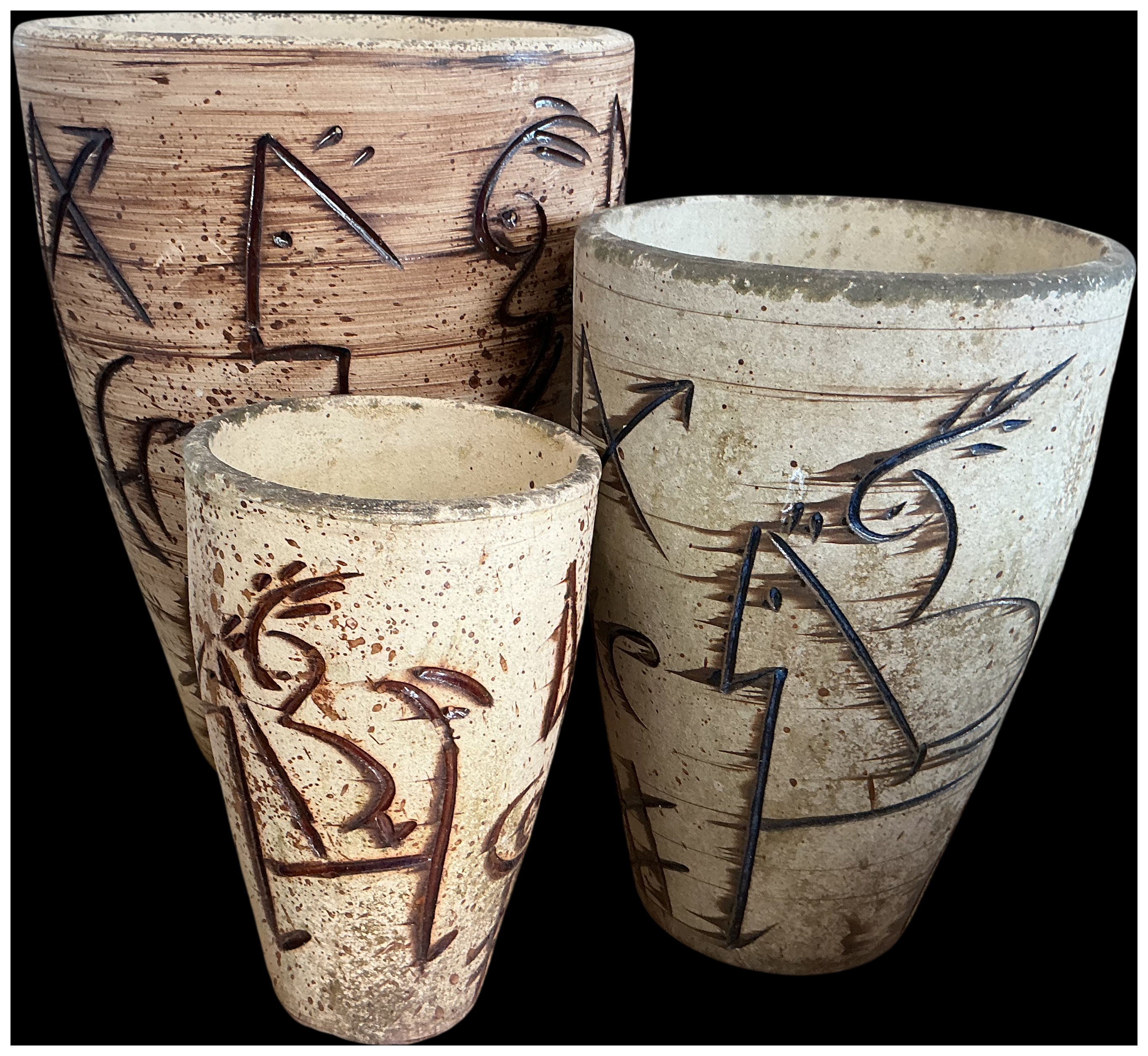 A Trio of Contemporary Tapered Stoneware Garden Pots with Abstract Sgraffito Decoration. No reserve.