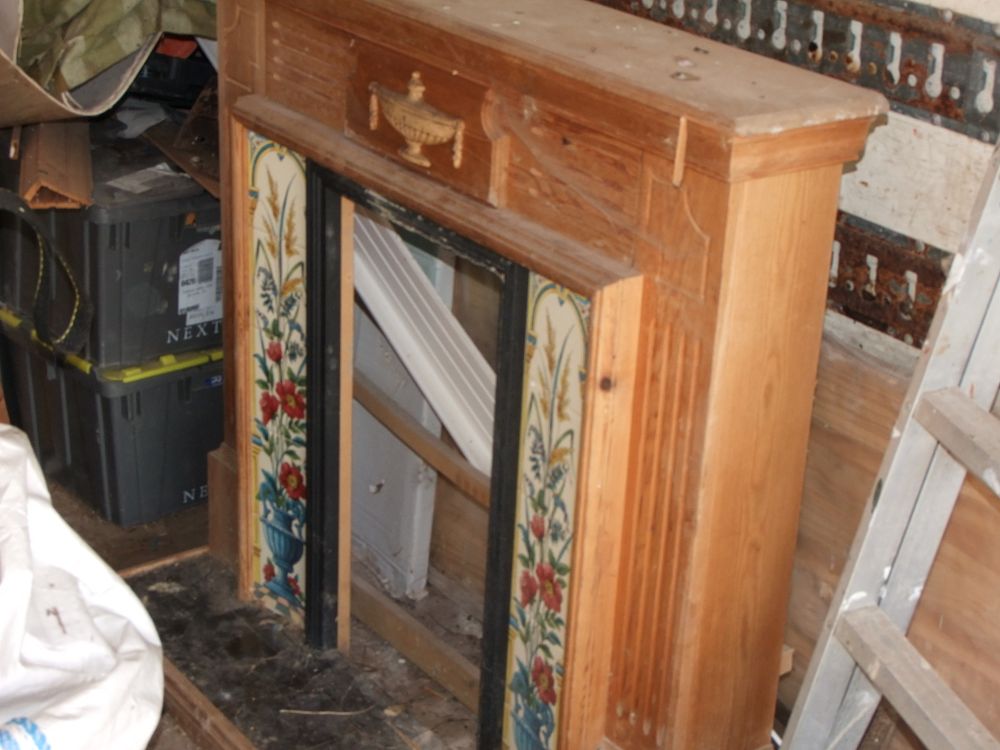 Lot 133: Victorian Style Pine Fireplace Mantel and Surround with Floral Tile Inserts