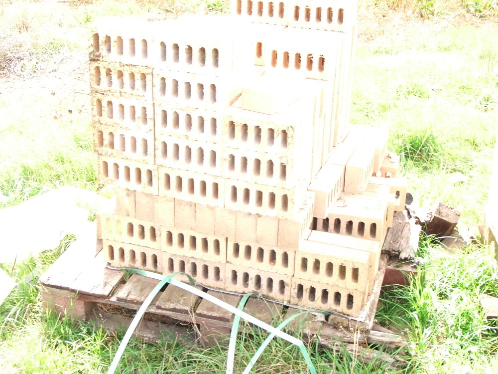Lot 116: A Collection of Buff Perforated and Solid Construction Bricks on a Wooden Pallet