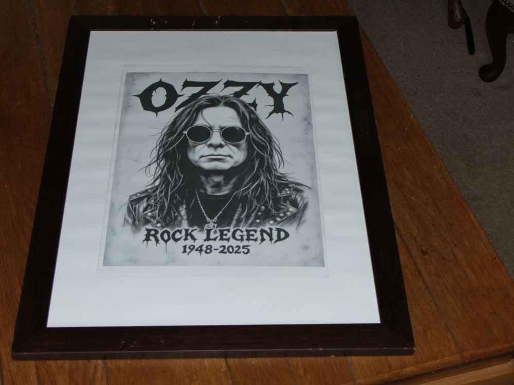 Lot 55: Framed Ozzy Osbourne Monochrome Rock Legend Print. Can be posted (no glass)