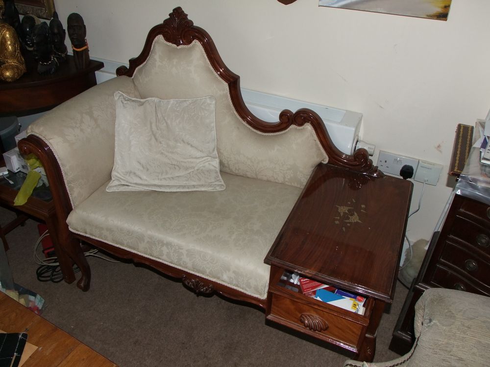 Lot 54: Victorian Style Carved Mahogany Telephone Bench with Inlaid Side Table