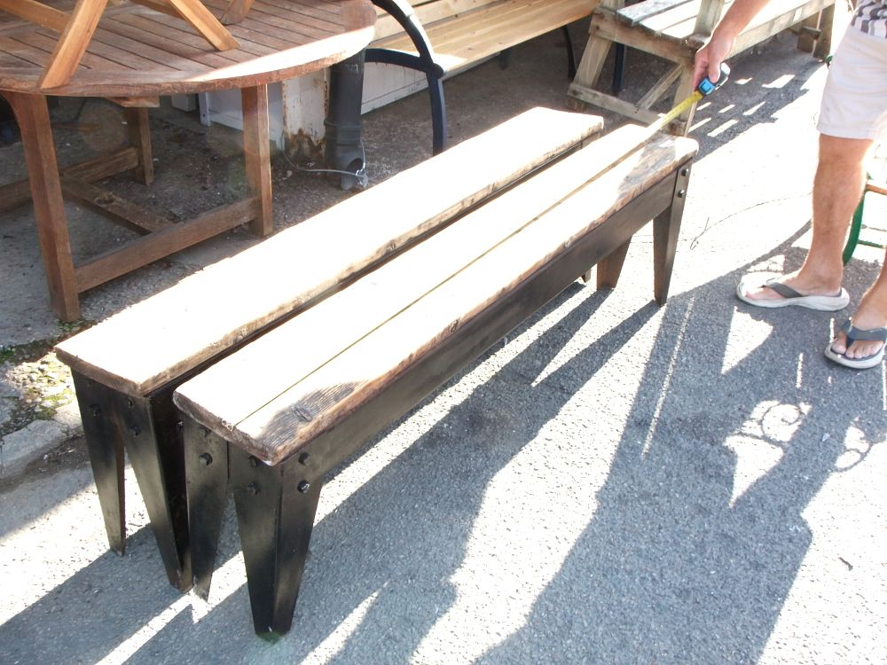 Lot 26: A Pair of Industrial Slatted Benches with Fabricated Metal Bases