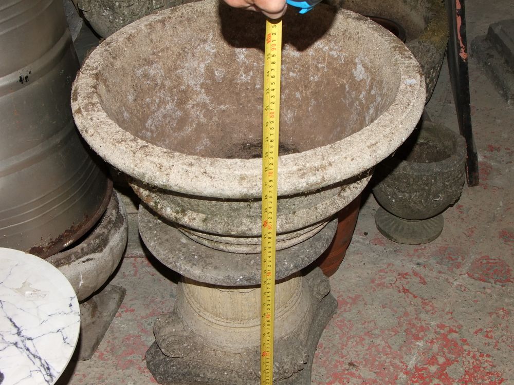 Lot 23: A Large Weathered Composition Stone Gadrooned Garden Urn on Pedestal