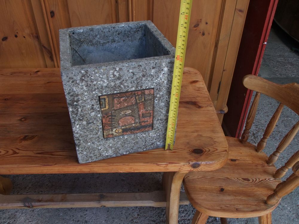 Lot 6: A Brutalist Square Cast Stone Planter with Inlaid Abstract Tile