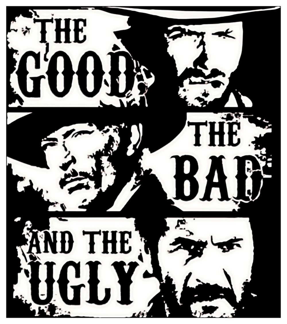 Lot 141: A high-contrast graphic art poster for the film The Good, the Bad and the Ugly
A3 poster. £3 post most uk postcodes. No reserve.