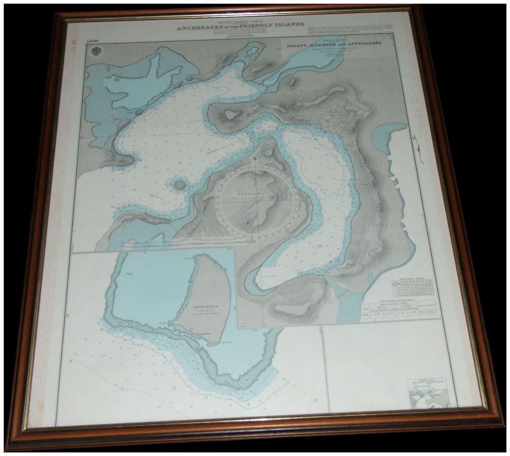 Lot 157: A Framed Nautical Chart of the South Pacific Ocean Anchorages in the Friendly Islands Tonga Chart Number 2307. Cannot post. No reserve.